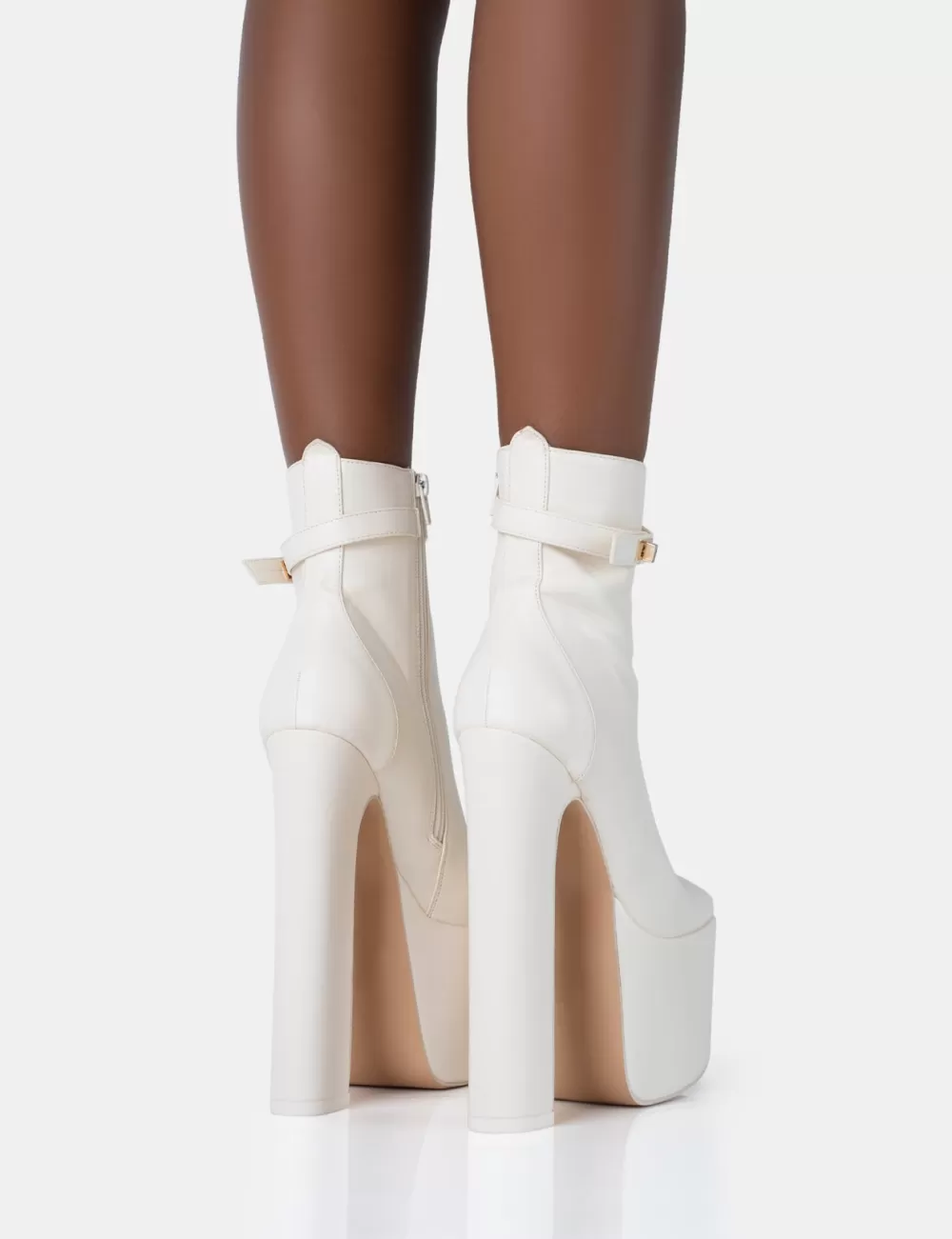 Outlet Public Desire Vally Ecru PU Extreme Platform Square Rounded Toe Block Heeled Ankle Boots Neutral