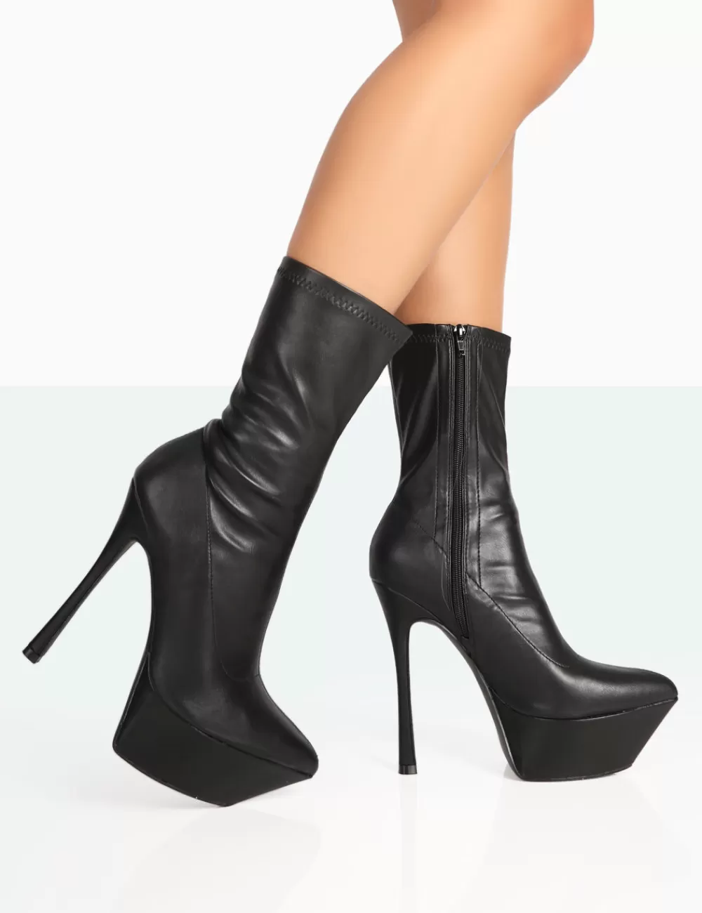 Outlet Public Desire Vegas Black Grain Pointed Stiletto Platform Heeled Ankle Boots