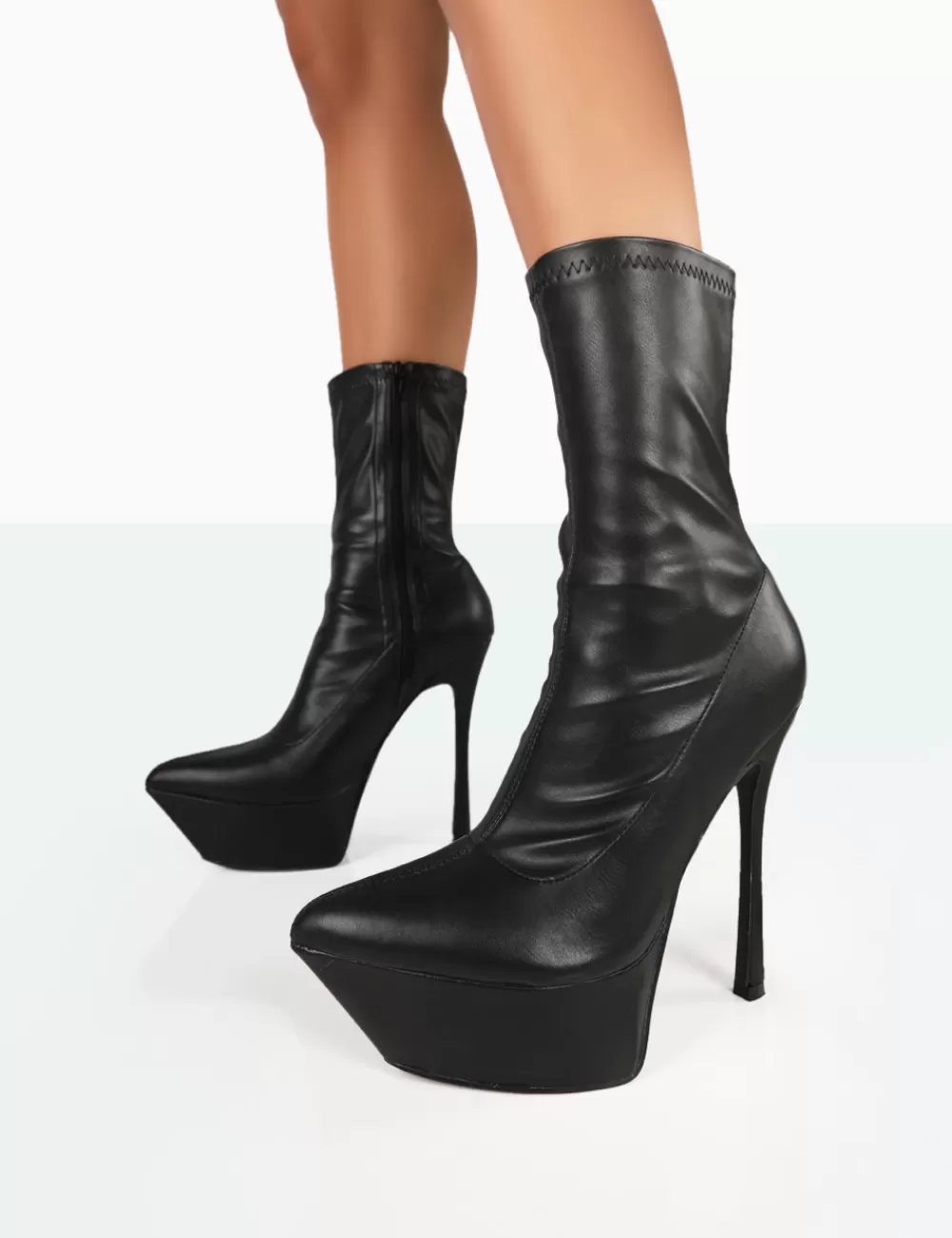Outlet Public Desire Vegas Black Grain Pointed Stiletto Platform Heeled Ankle Boots