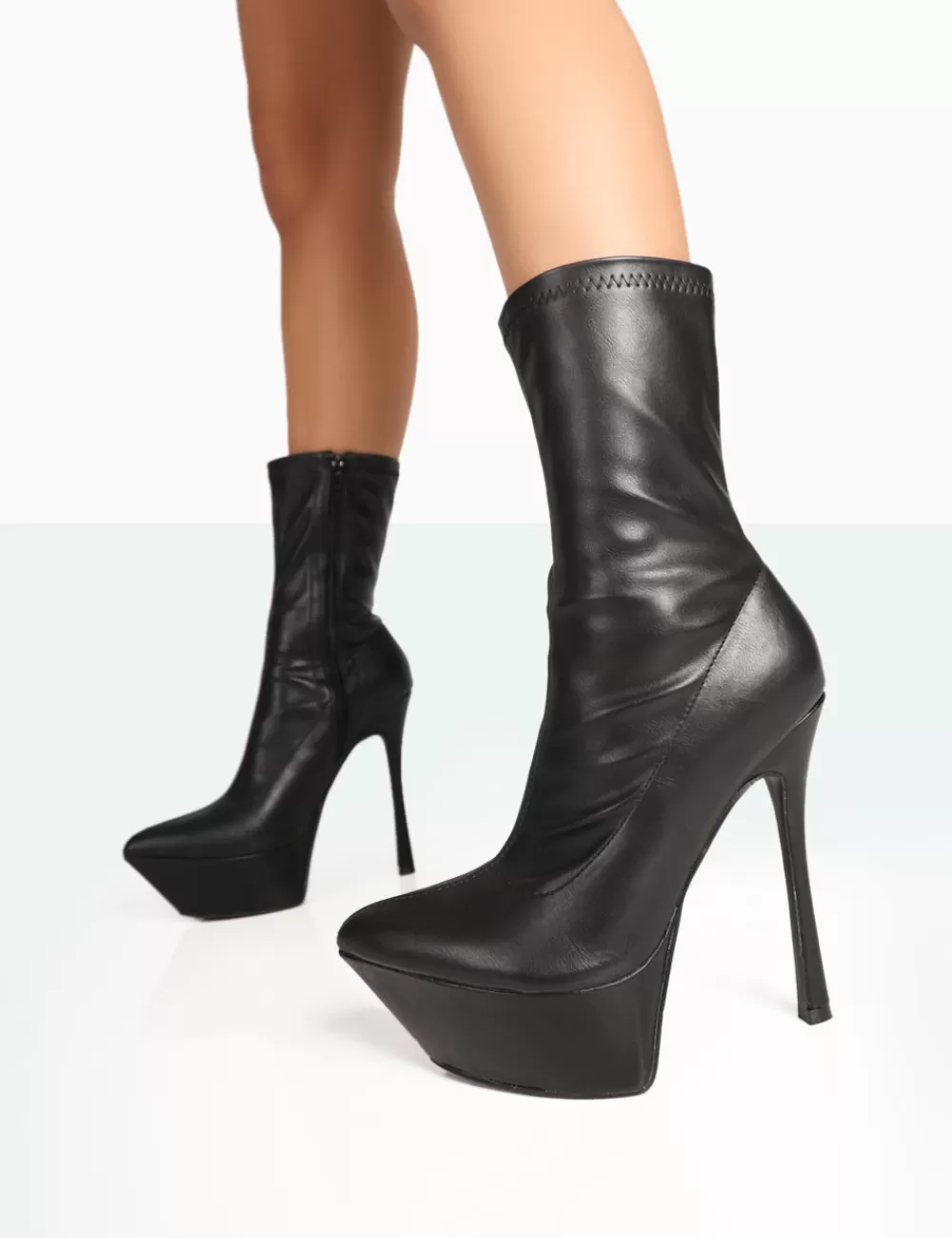 Outlet Public Desire Vegas Black Grain Pointed Stiletto Platform Heeled Ankle Boots