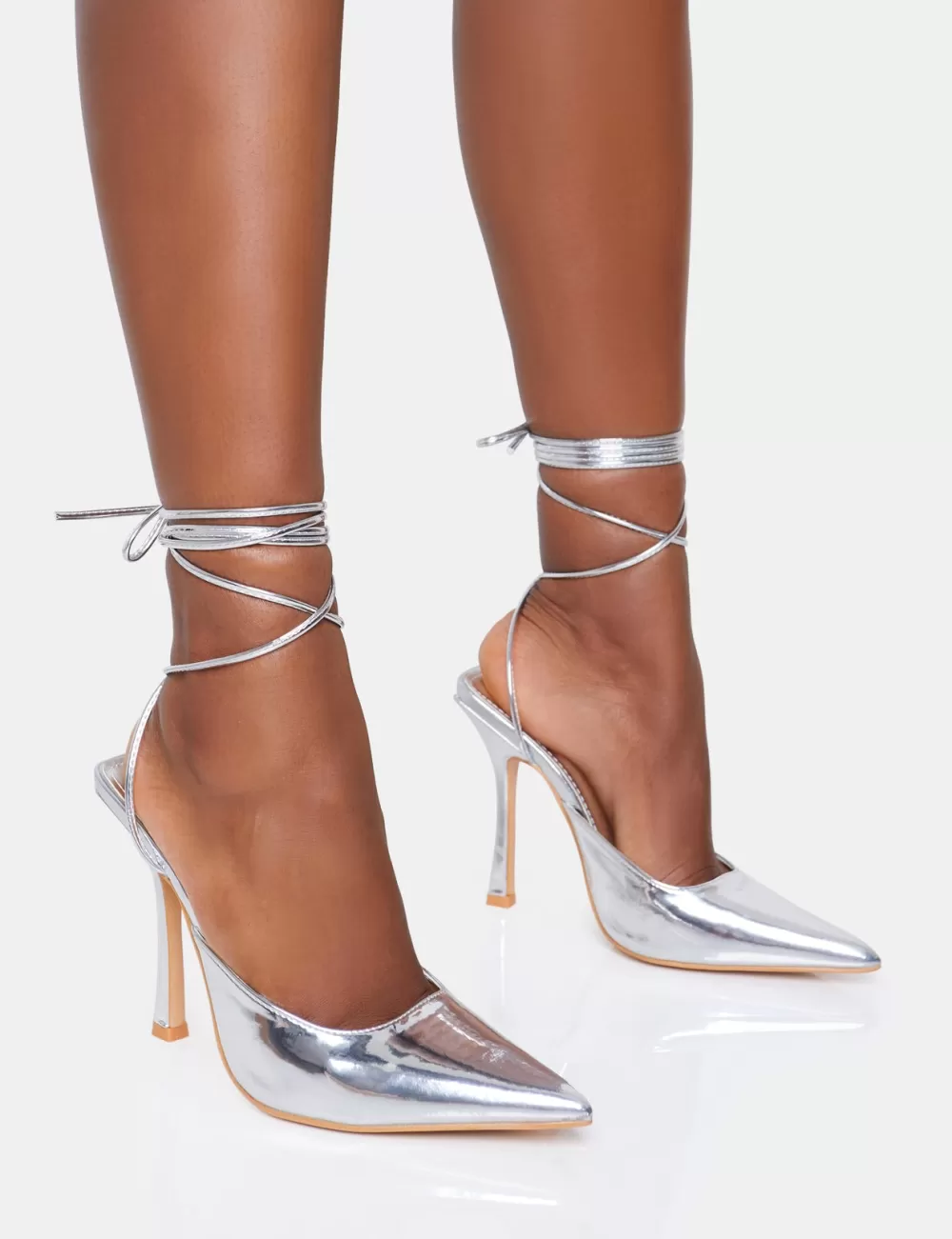 Outlet Public Desire Verity Wide Fit Slingback Lace Up Pointed Court Stiletto Heels Silver