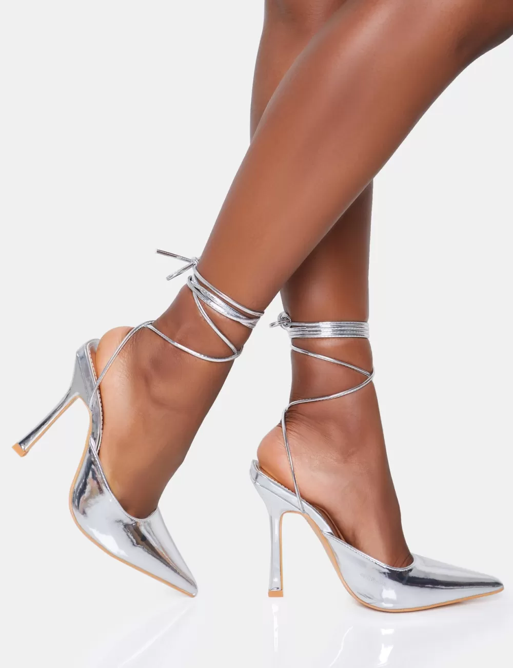 Outlet Public Desire Verity Wide Fit Slingback Lace Up Pointed Court Stiletto Heels Silver