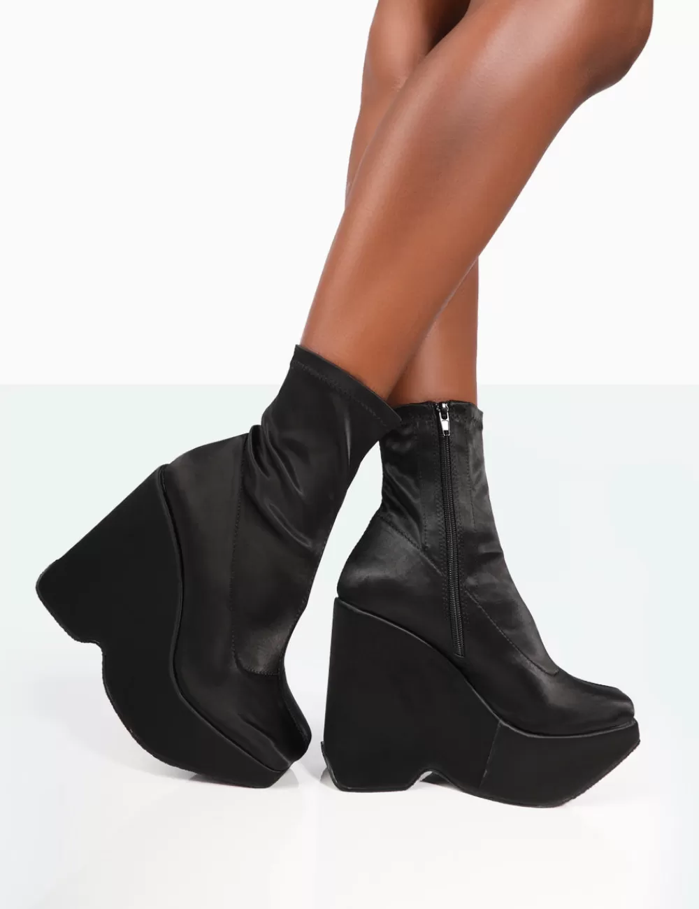 Best Sale Public Desire Versus Wide Fit Black Satin Platform Sole Ankle Boots