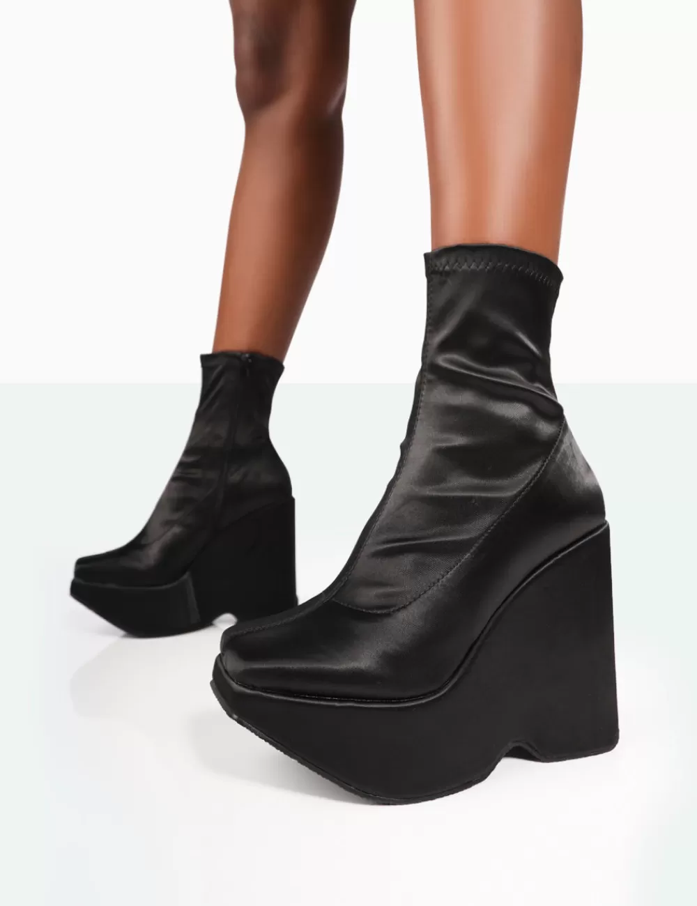 Best Sale Public Desire Versus Wide Fit Black Satin Platform Sole Ankle Boots