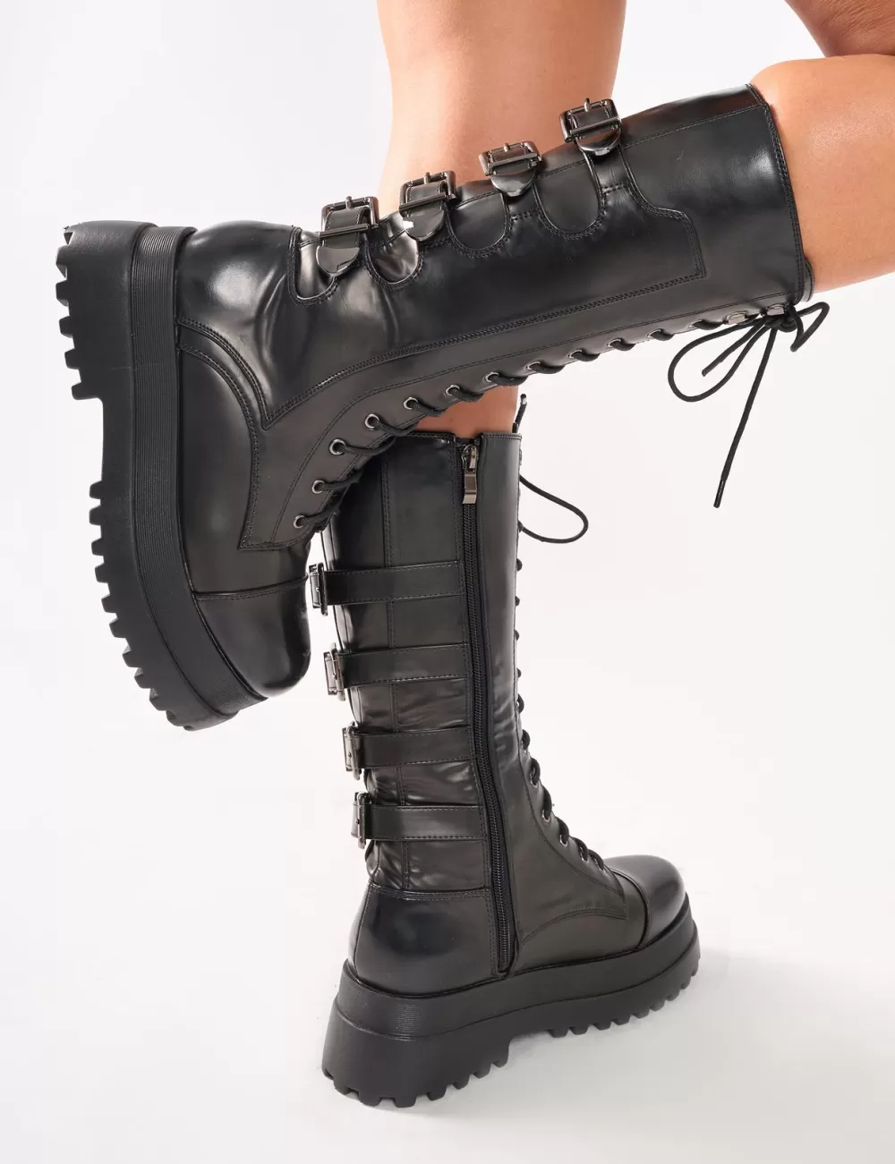Clearance Public Desire Vex Multi Buckle Detail Lace Up Knee High Boots Black