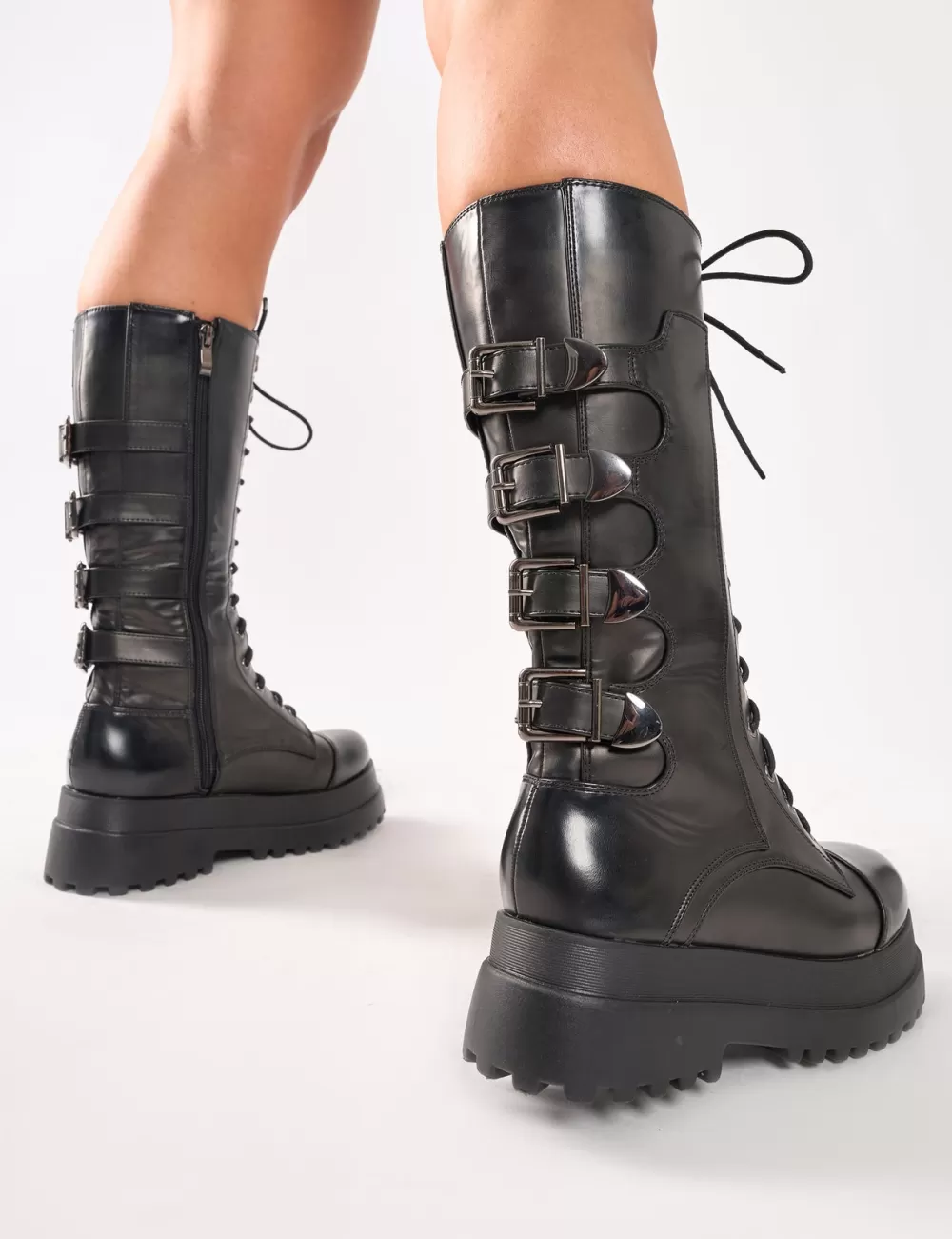 Clearance Public Desire Vex Multi Buckle Detail Lace Up Knee High Boots Black