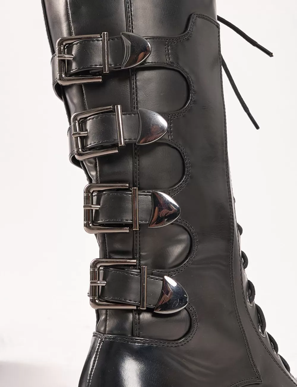 Clearance Public Desire Vex Multi Buckle Detail Lace Up Knee High Boots Black