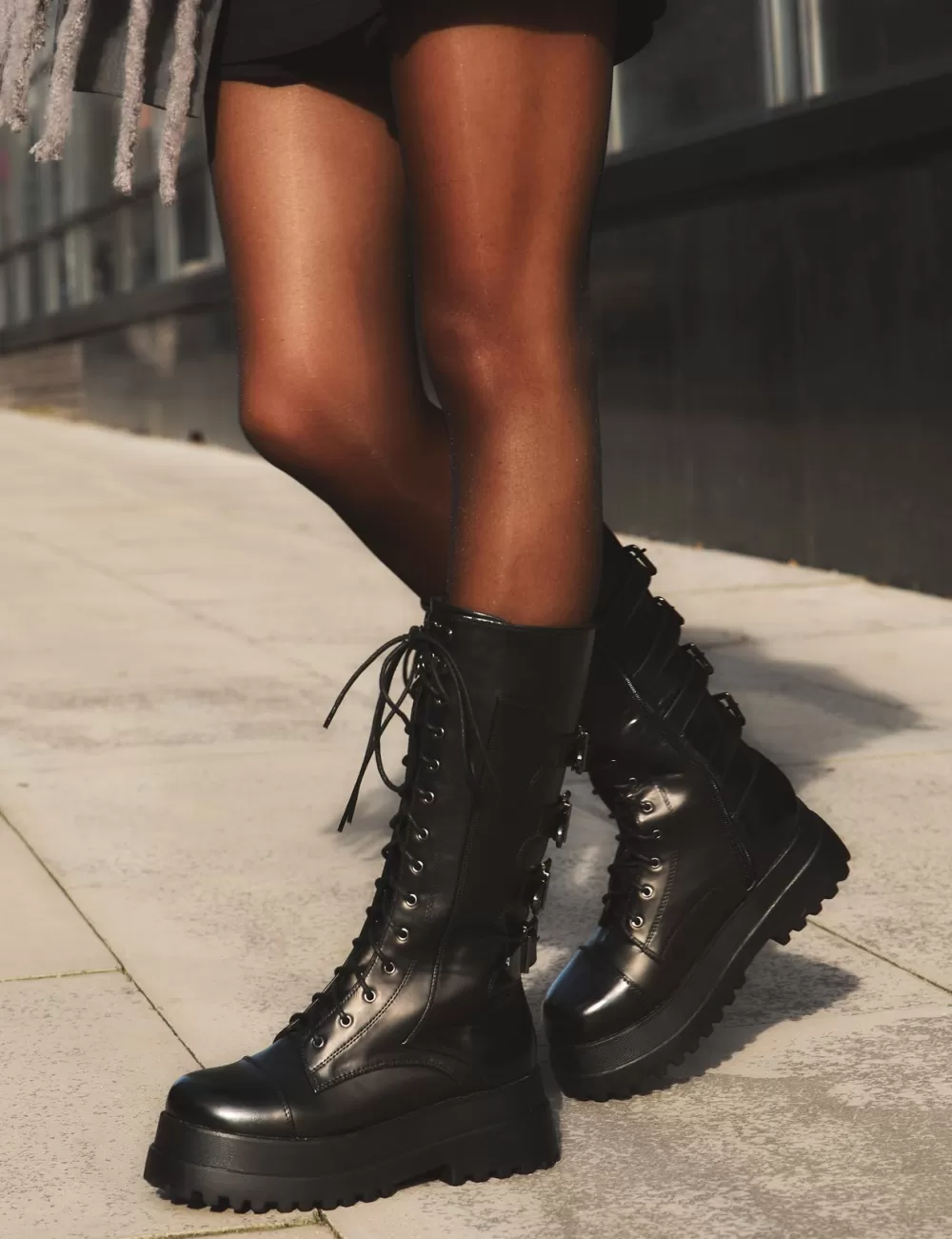 Clearance Public Desire Vex Multi Buckle Detail Lace Up Knee High Boots Black