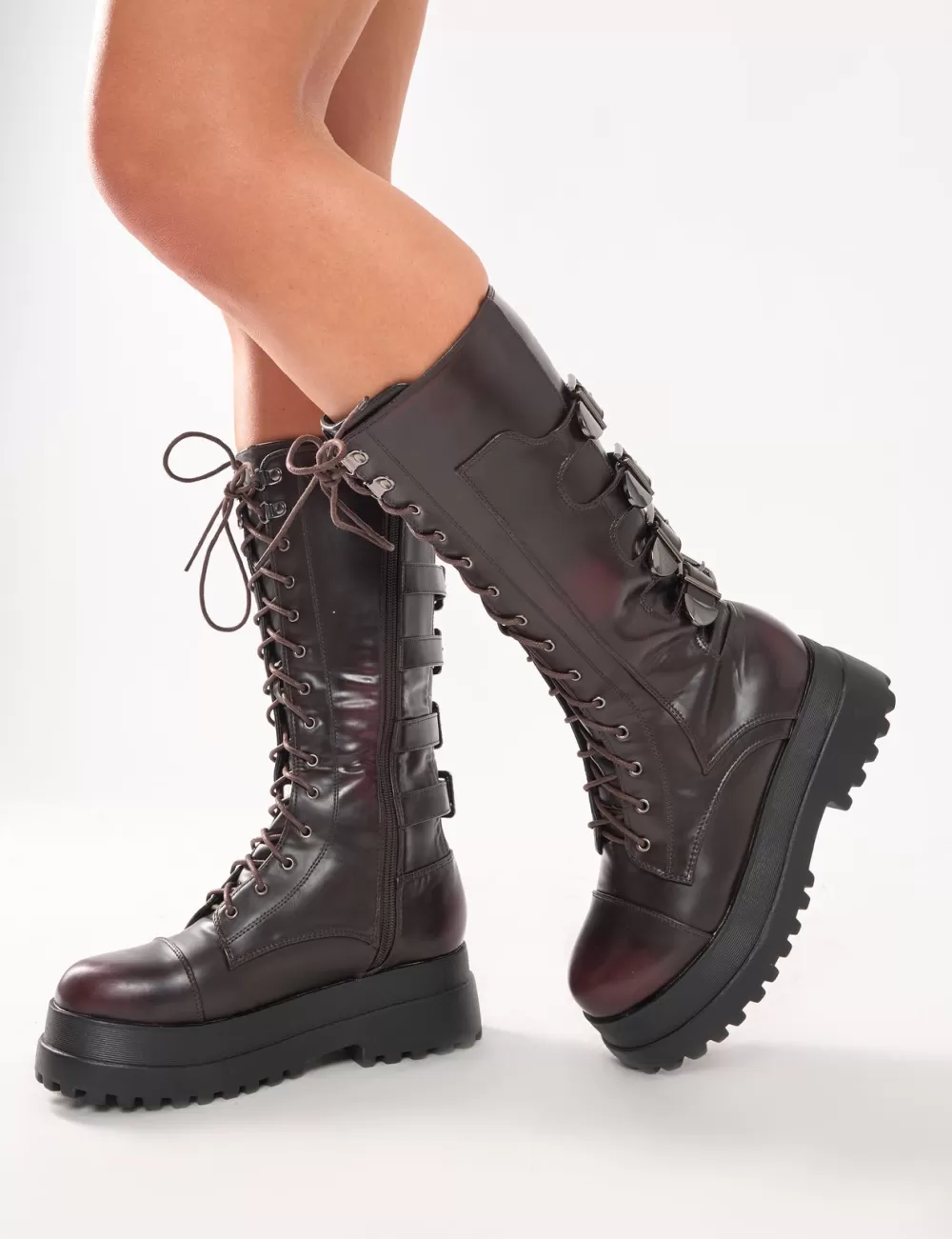Store Public Desire Vex Multi Buckle Detail Lace Up Knee High Boots Burgundy