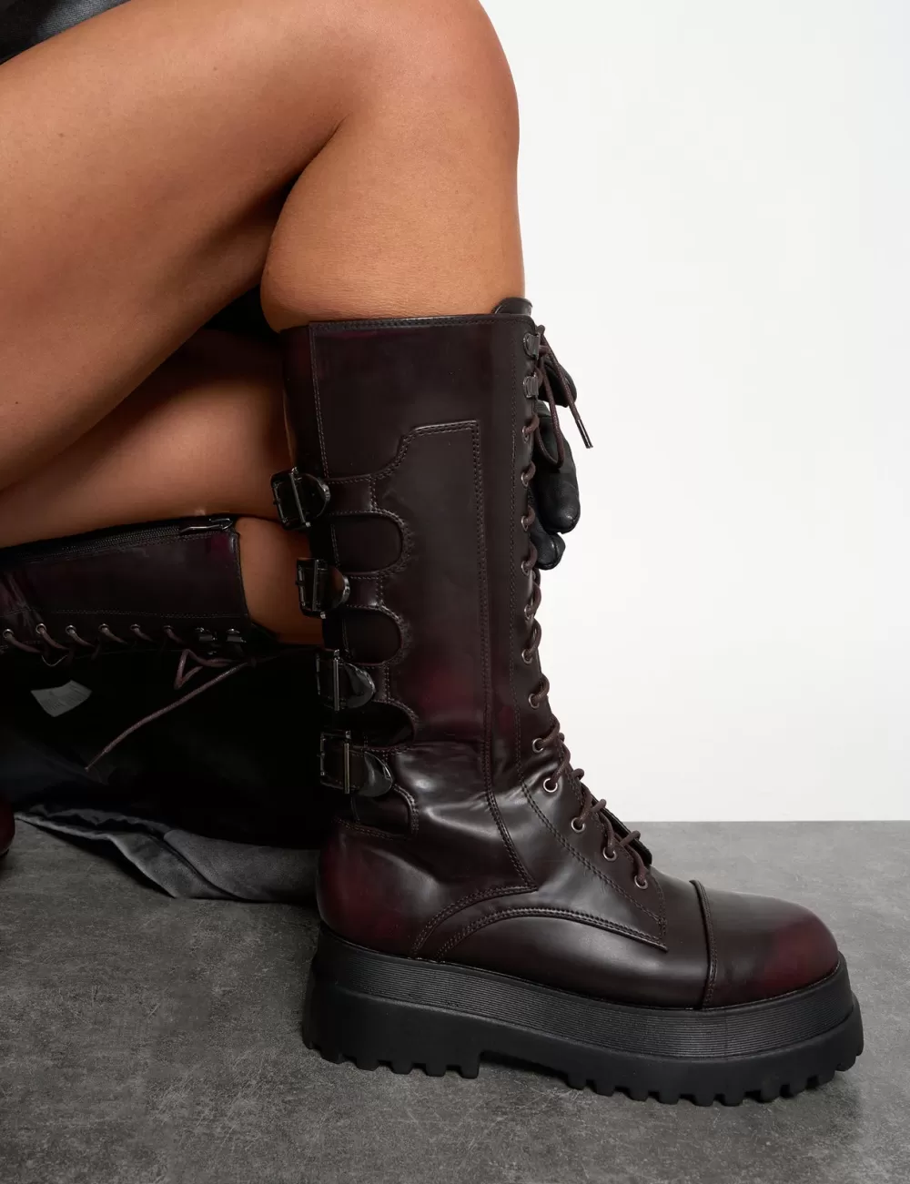 Store Public Desire Vex Multi Buckle Detail Lace Up Knee High Boots Burgundy