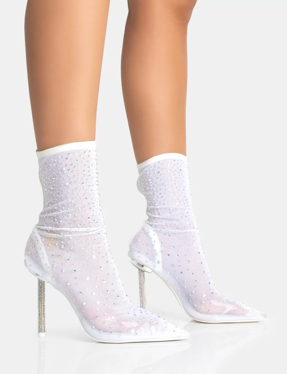 Discount Public Desire VIP White Diamante Holographic Detailed Mesh Pointed Toe Stiletto Sock Boot Heels Gold