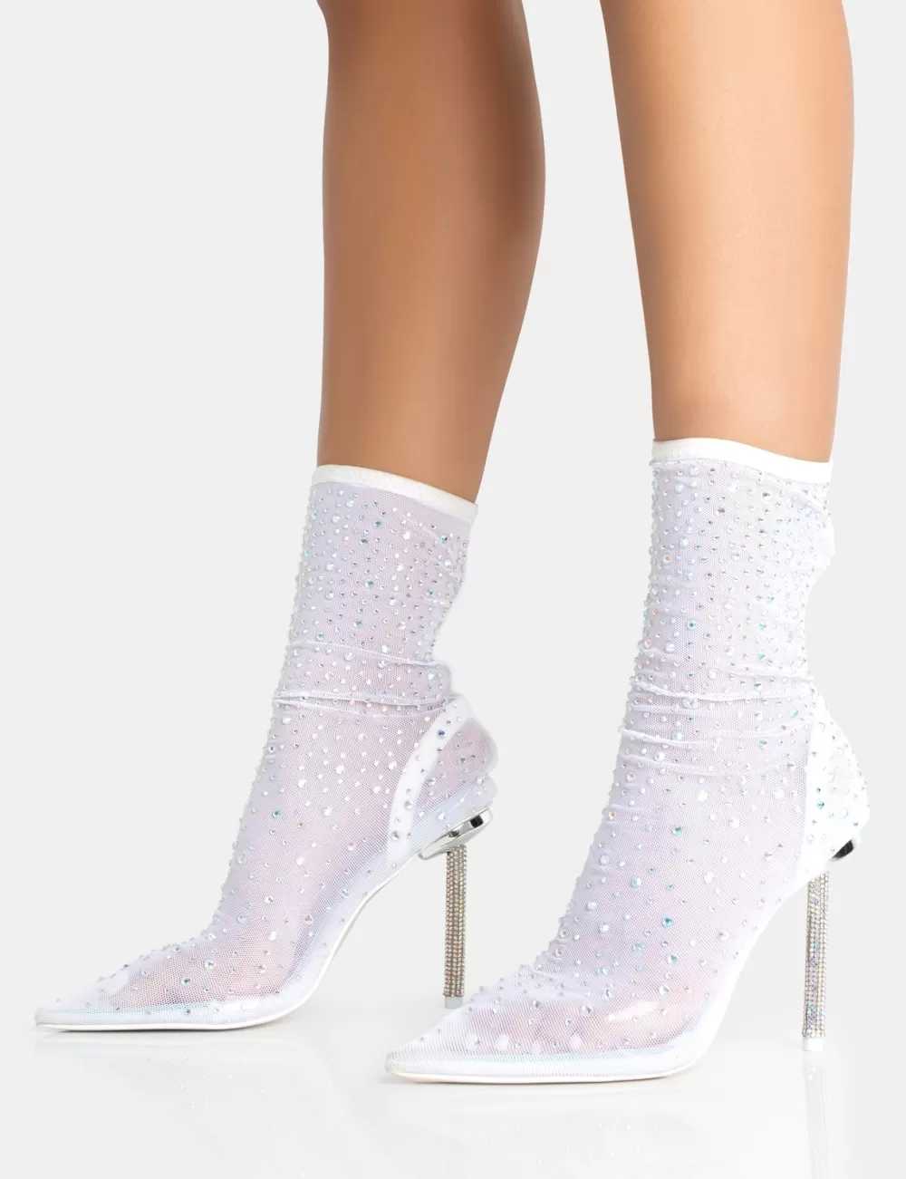 Discount Public Desire VIP White Diamante Holographic Detailed Mesh Pointed Toe Stiletto Sock Boot Heels Gold