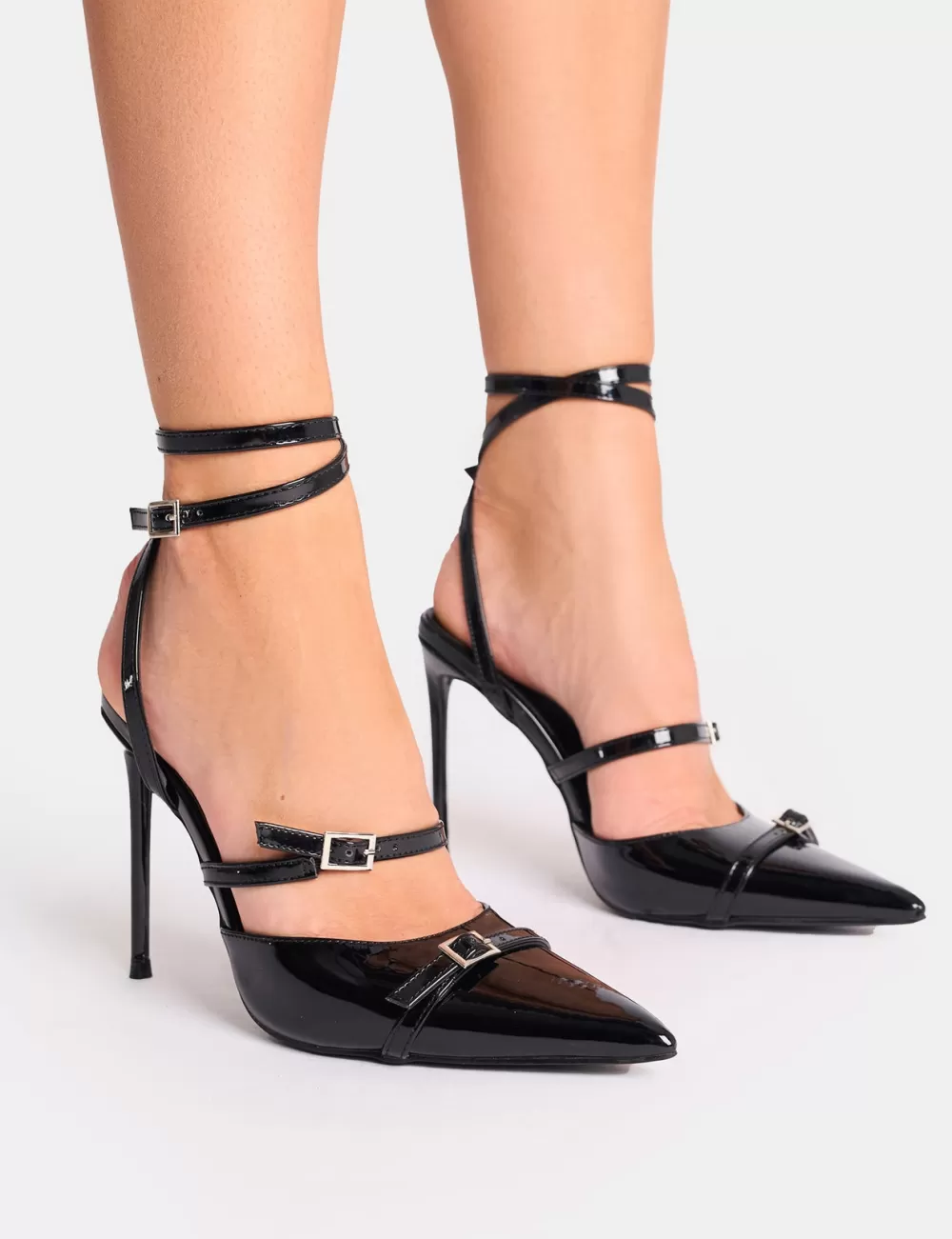 Discount Public Desire Viper Three Strap Buckle Detail Court Heels Black