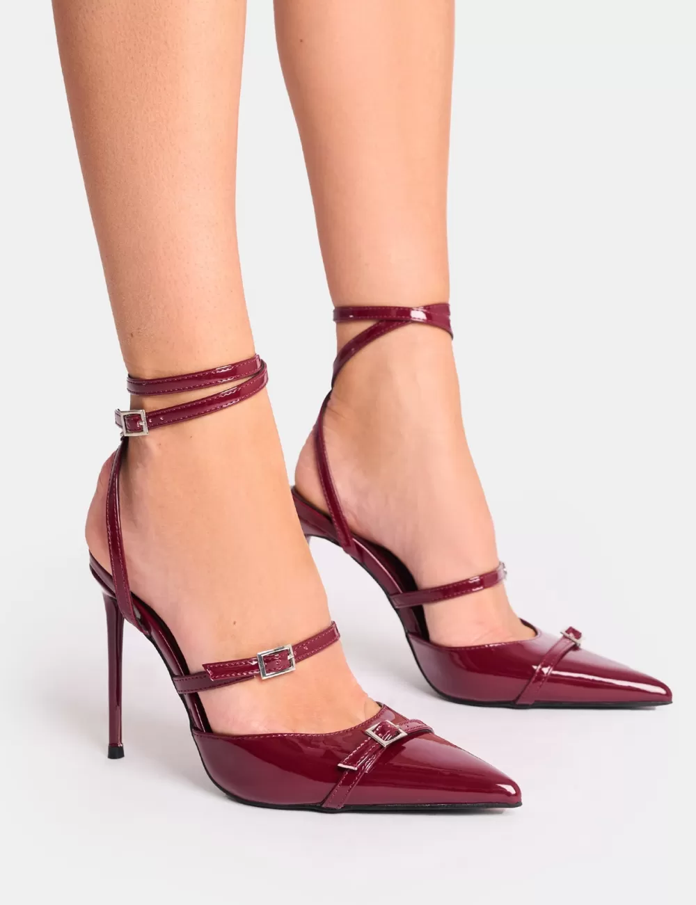 New Public Desire Viper Three Strap Buckle Detail Court Heels Burgundy