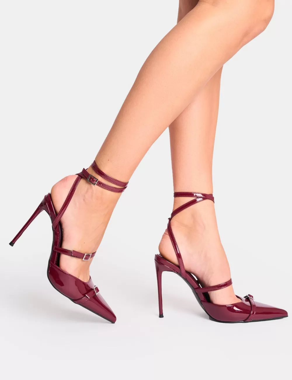 New Public Desire Viper Three Strap Buckle Detail Court Heels Burgundy