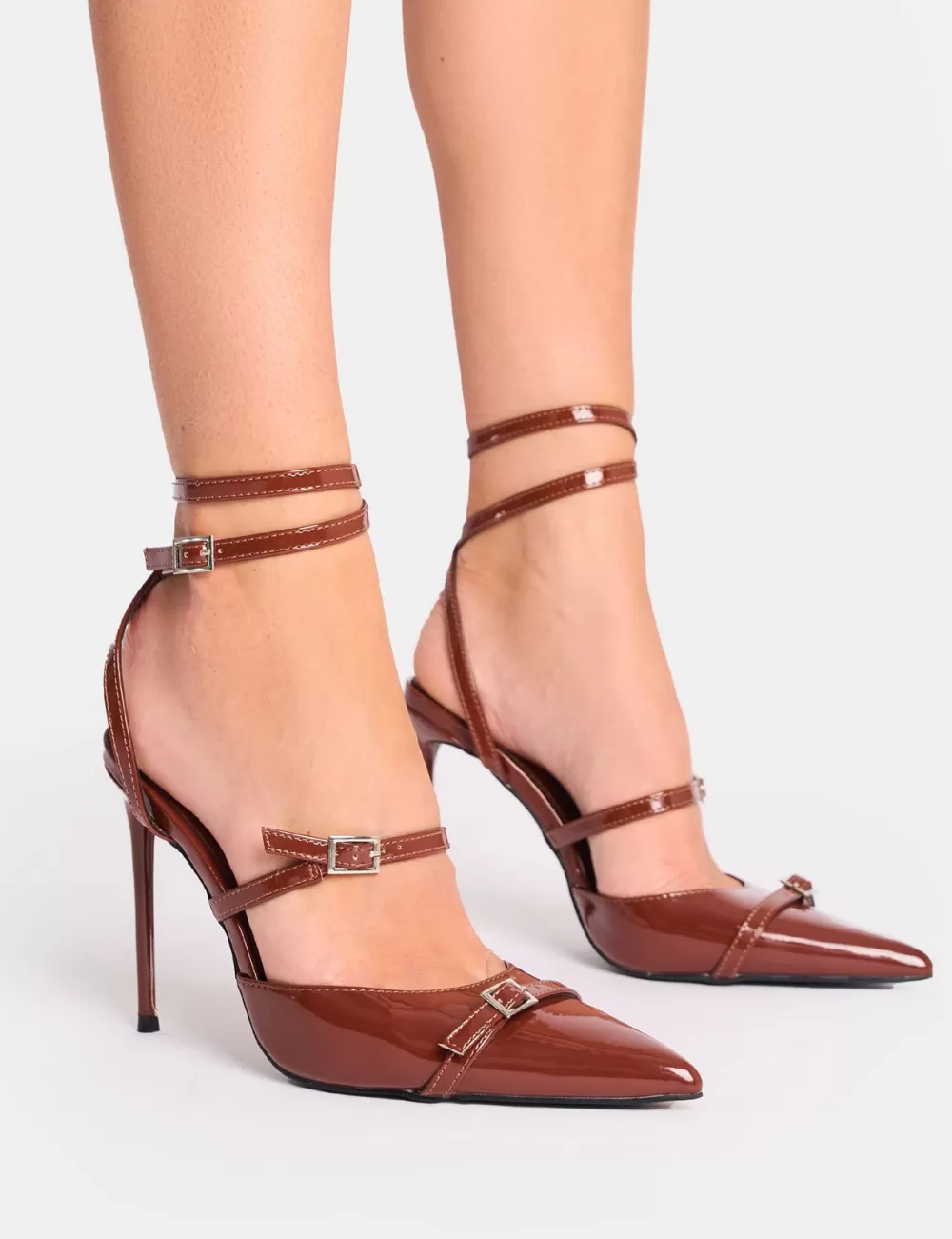 Flash Sale Public Desire Viper Three Strap Buckle Detail Court Heels Chocolate