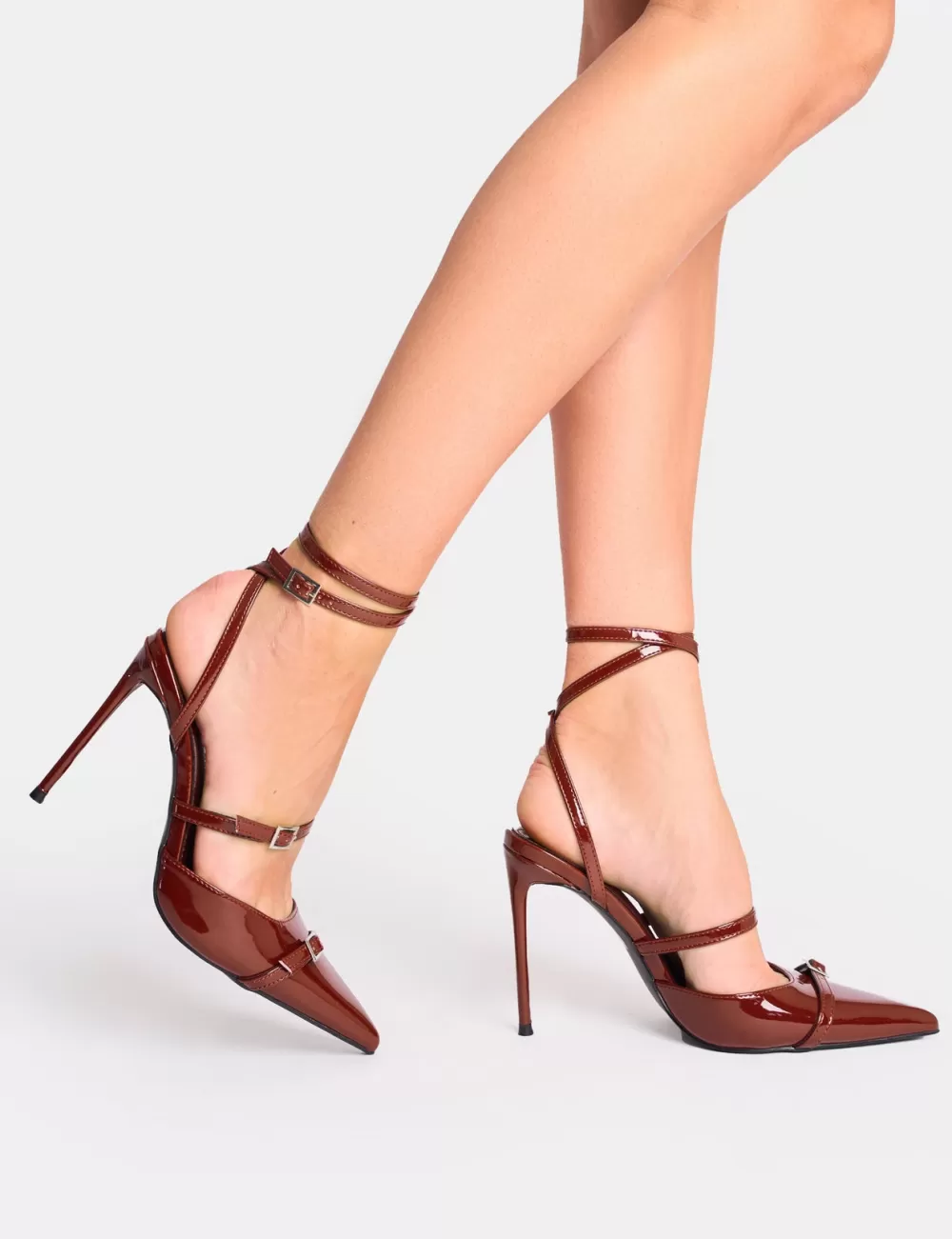 Flash Sale Public Desire Viper Three Strap Buckle Detail Court Heels Chocolate