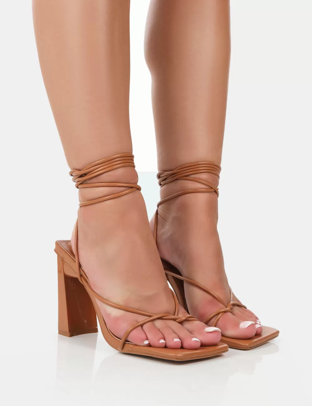 Cheap Public Desire Viva Wide Fit Caramel Pu Strappy Lace Up Stiletto Thin Block Heels Brown