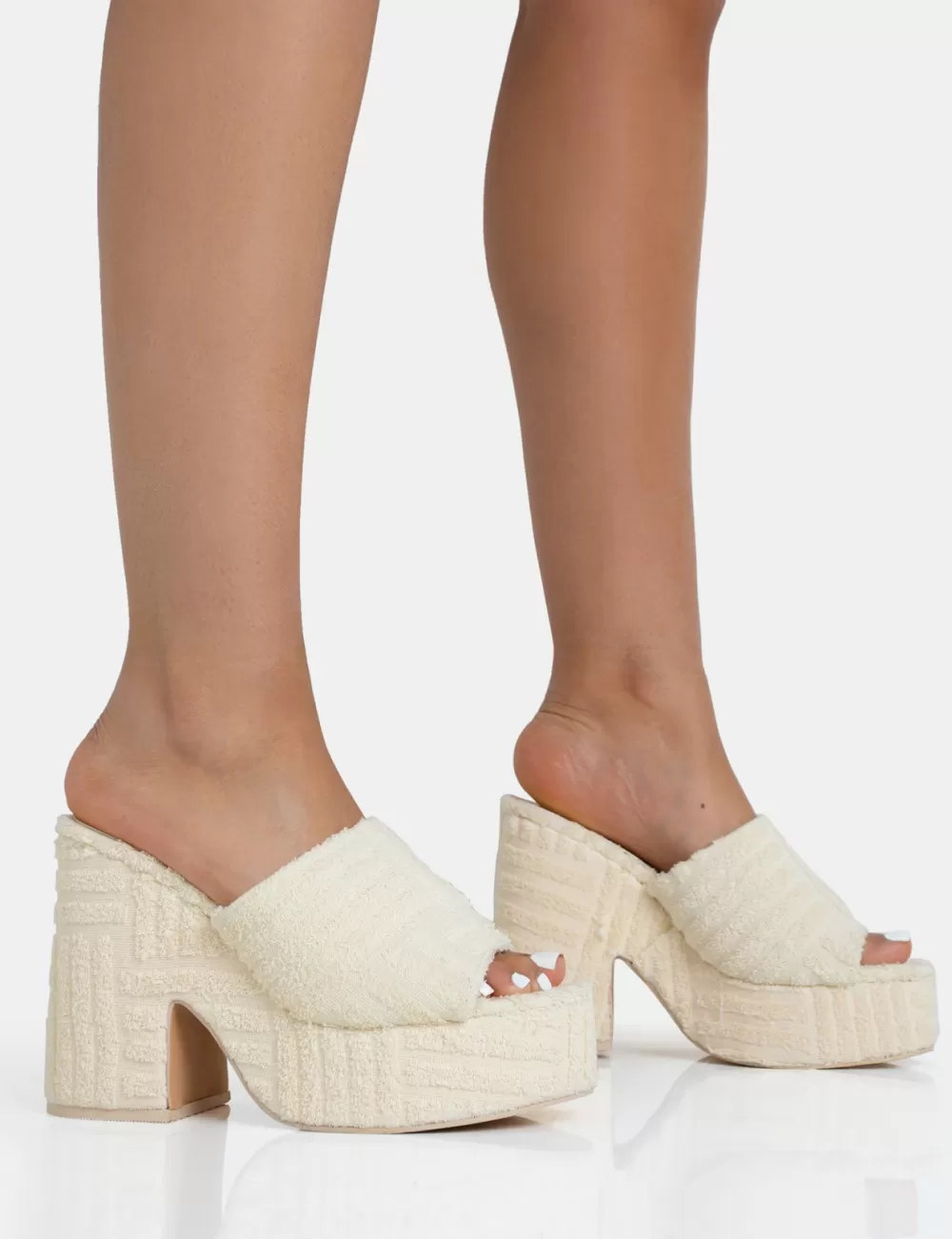Online Public Desire Wavez Ecru Terry Towelling Round Toe Platform Block Heel Mules Neutral