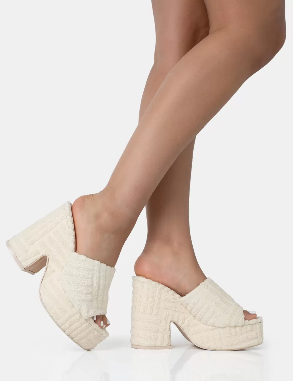Online Public Desire Wavez Ecru Terry Towelling Round Toe Platform Block Heel Mules Neutral
