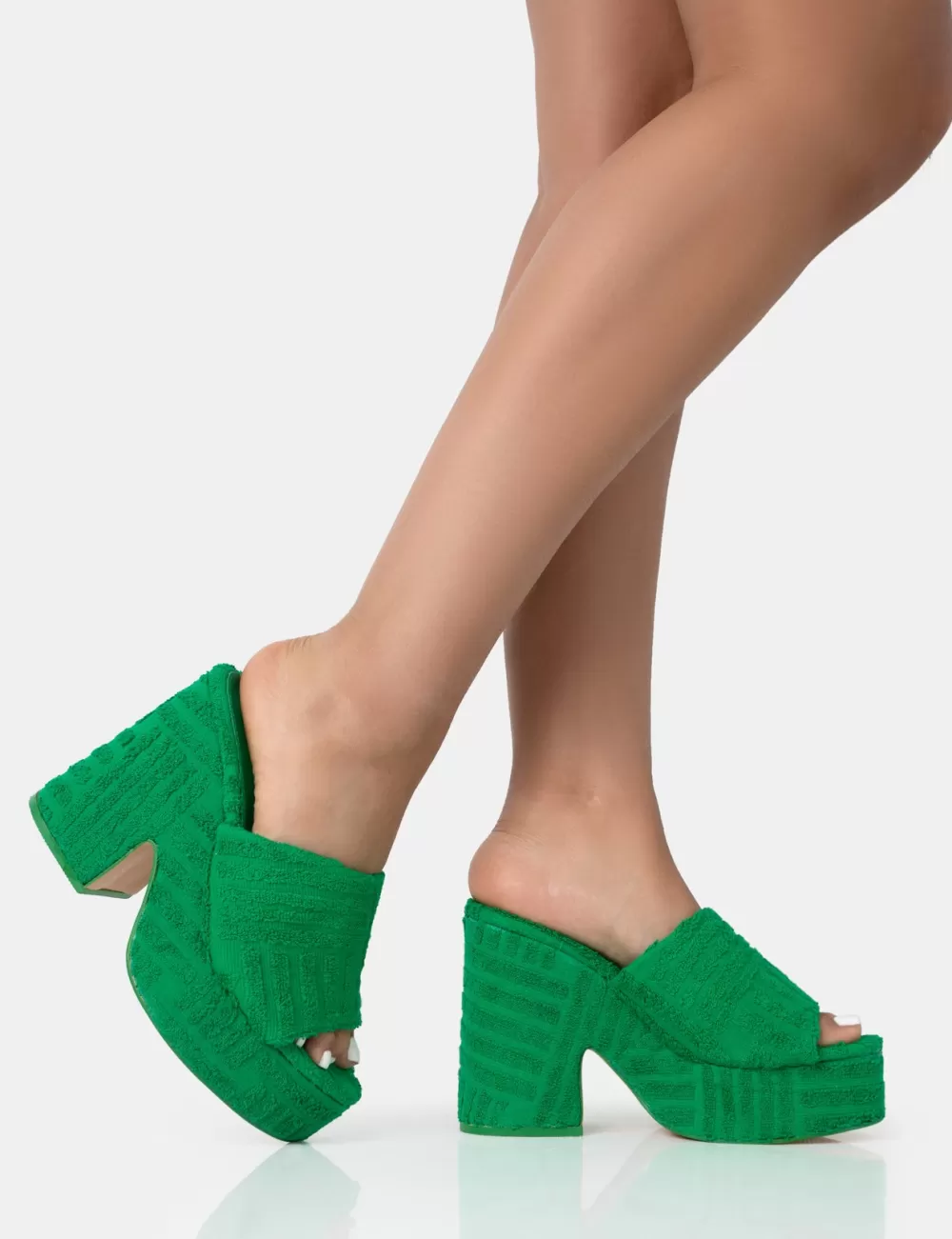 Cheap Public Desire Wavez Terry Towelling Round Toe Platform Block Heel Mules Green