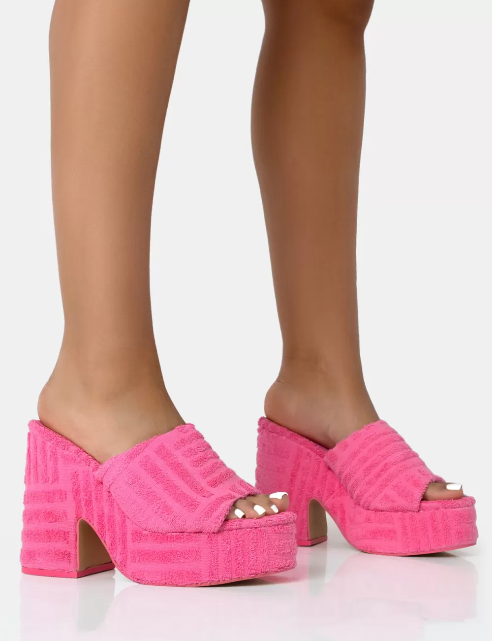 Cheap Public Desire Wavez Terry Towelling Round Toe Platform Block Heel Mules Pink