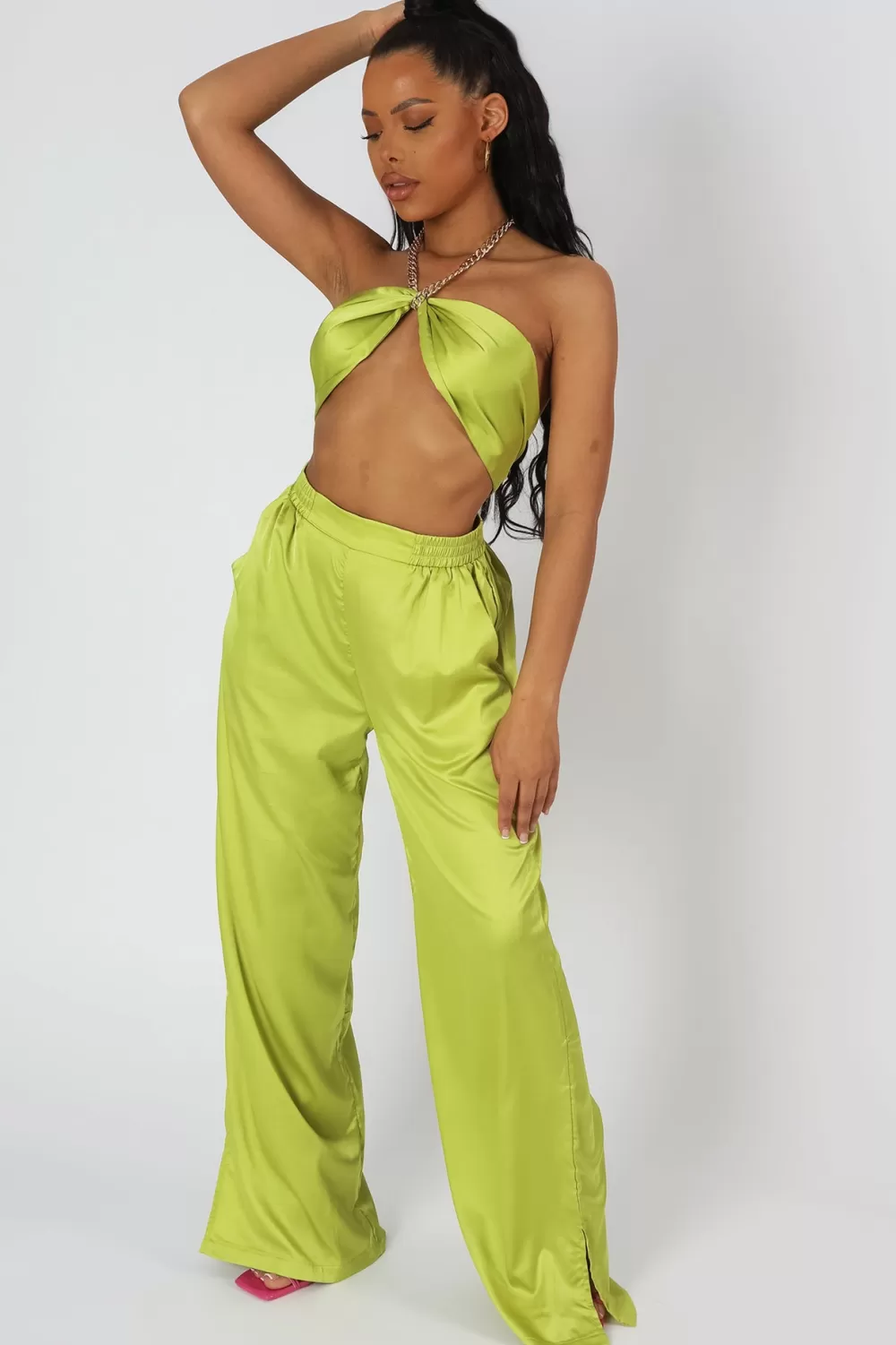 Flash Sale Public Desire Wide Leg Satin Trousers Lime Green