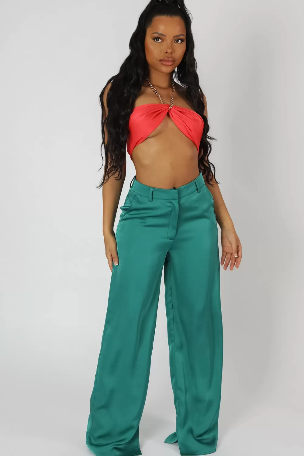 Shop Public Desire Wide Leg Split Hem Satin Tailored Trousers Green