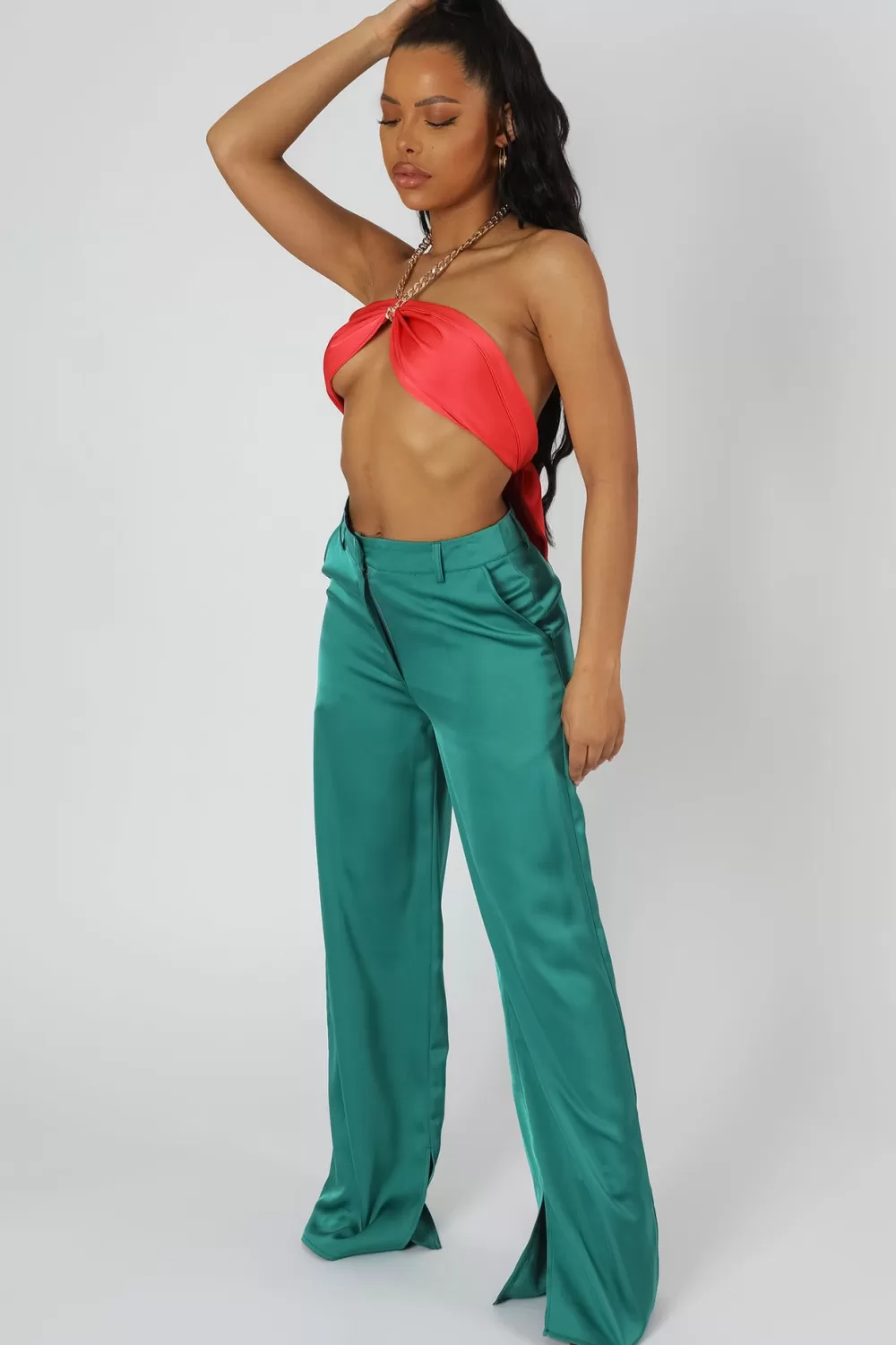 Shop Public Desire Wide Leg Split Hem Satin Tailored Trousers Green