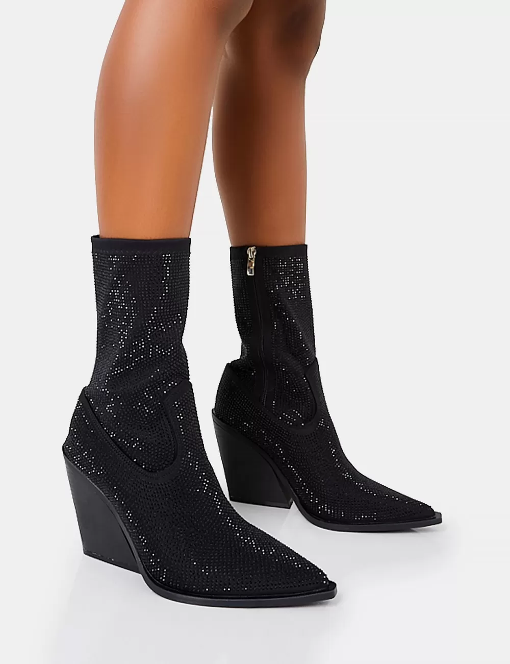 Hot Public Desire Wild One Diamante Western Cowboy Pointed Toe Block Heel Ankle Boots Black