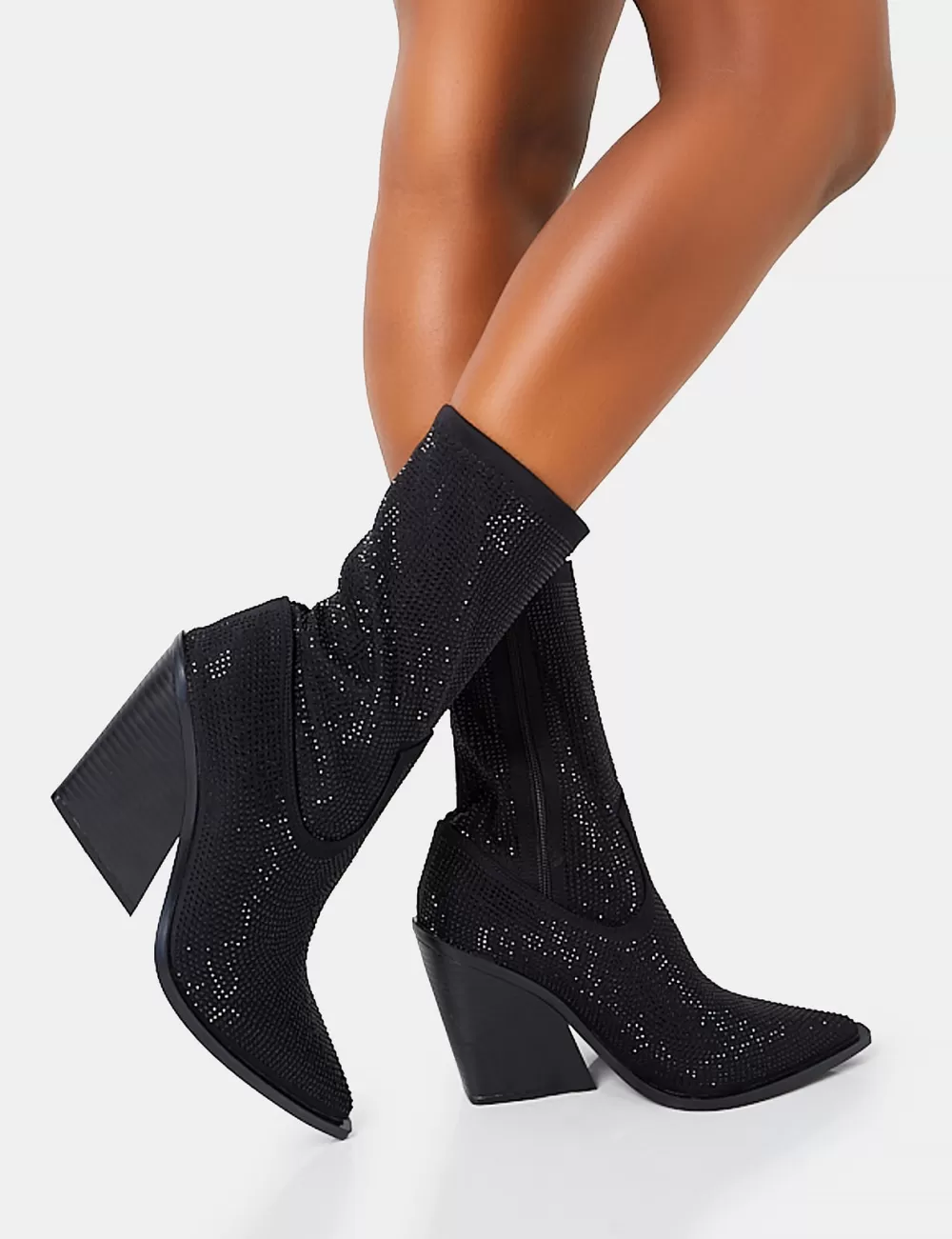 Hot Public Desire Wild One Diamante Western Cowboy Pointed Toe Block Heel Ankle Boots Black