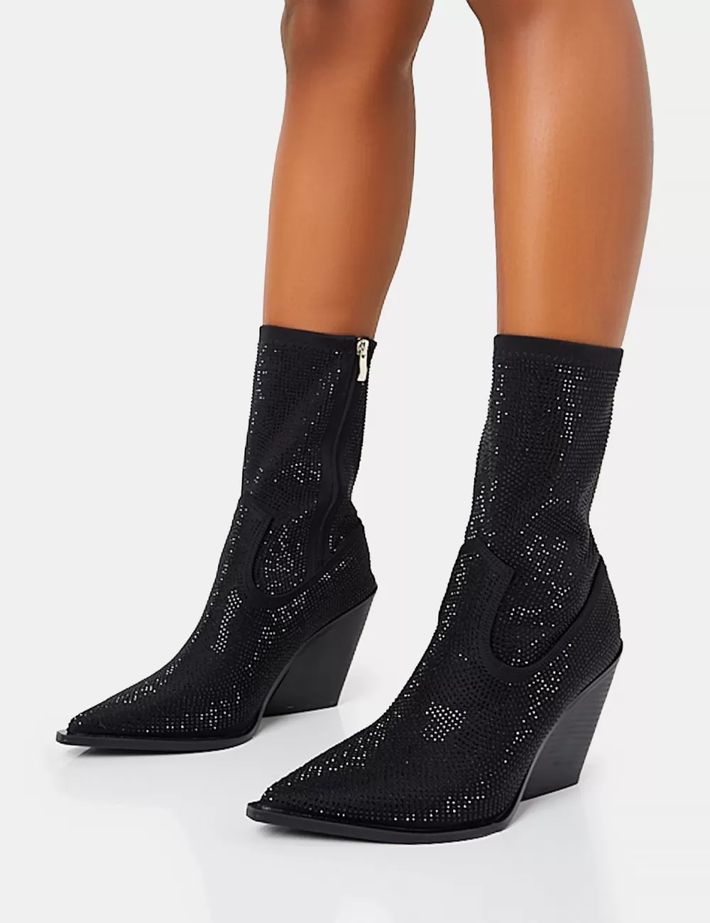 Hot Public Desire Wild One Diamante Western Cowboy Pointed Toe Block Heel Ankle Boots Black