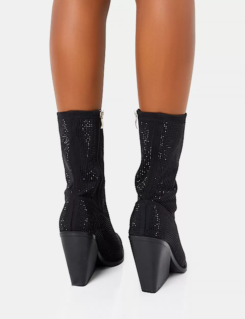 Hot Public Desire Wild One Diamante Western Cowboy Pointed Toe Block Heel Ankle Boots Black