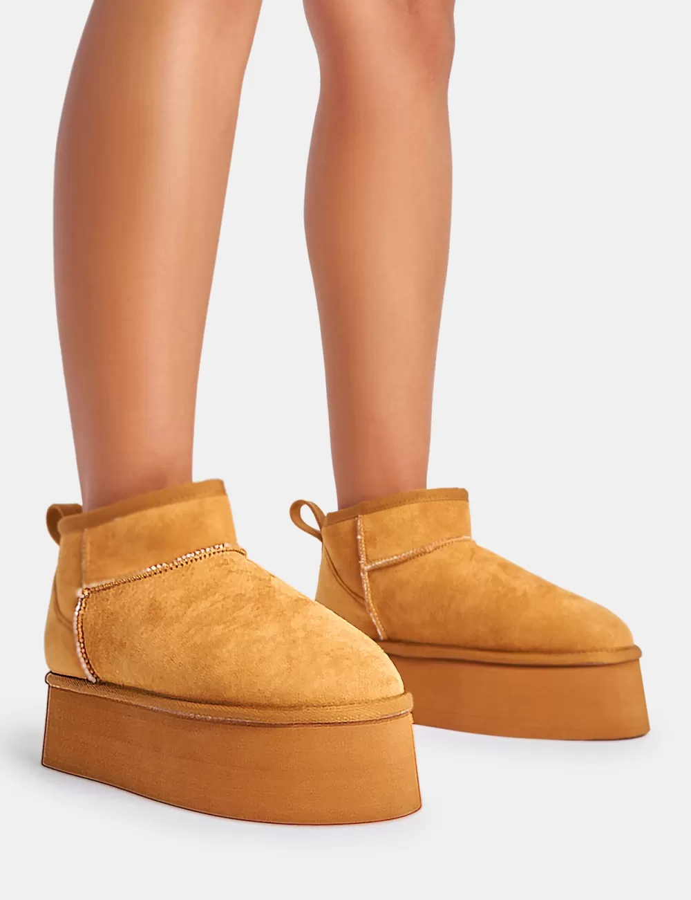 New Public Desire Willow Chestnut Faux Suede Ultra Mini Ankle Triple Platform Boots Brown