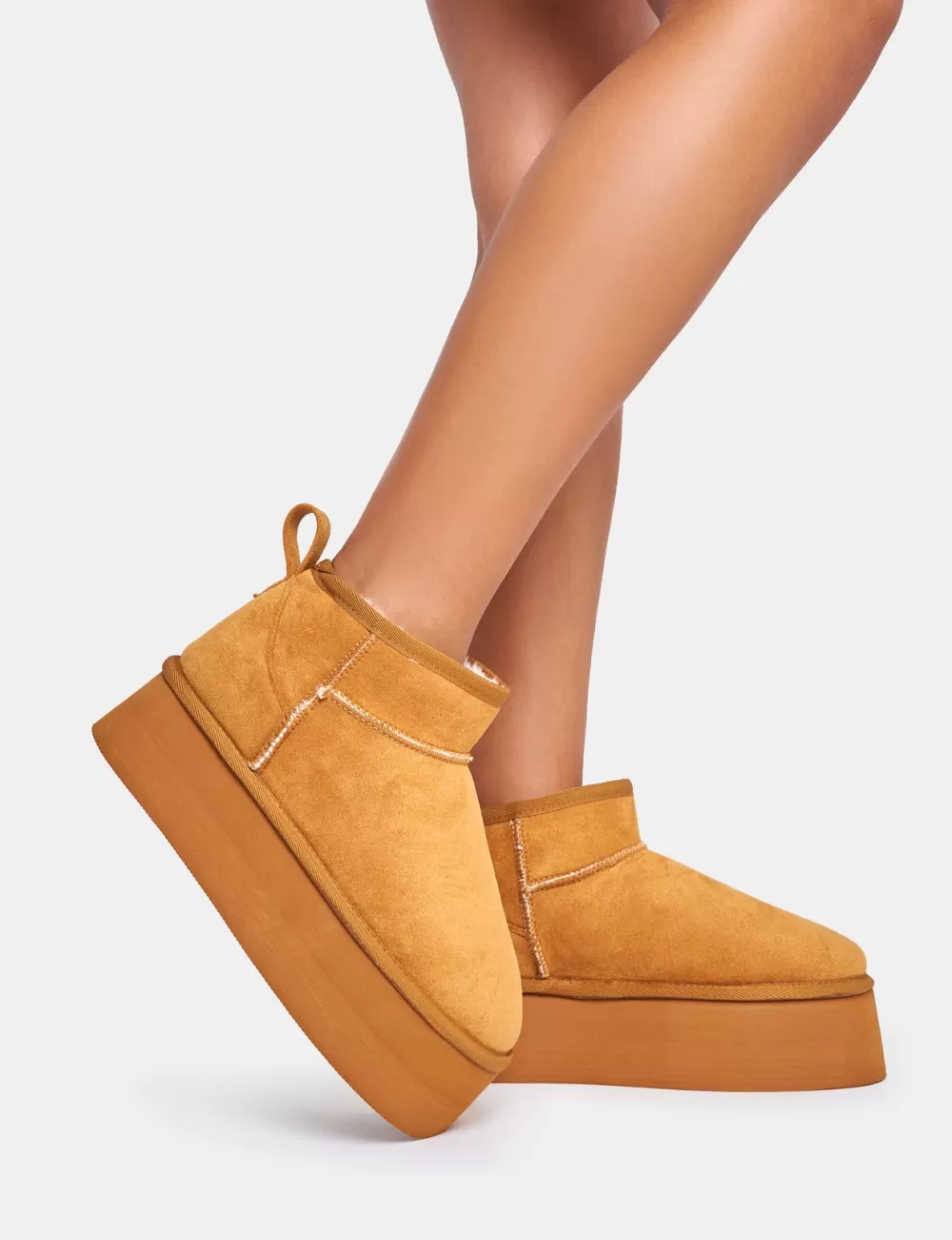 New Public Desire Willow Chestnut Faux Suede Ultra Mini Ankle Triple Platform Boots Brown