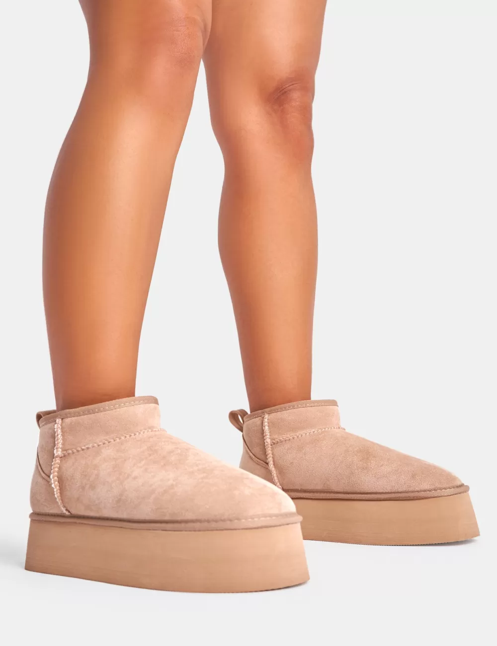 Sale Public Desire Willow Light Beige Faux Suede Ultra Mini Ankle Triple Platform Boots Neutral
