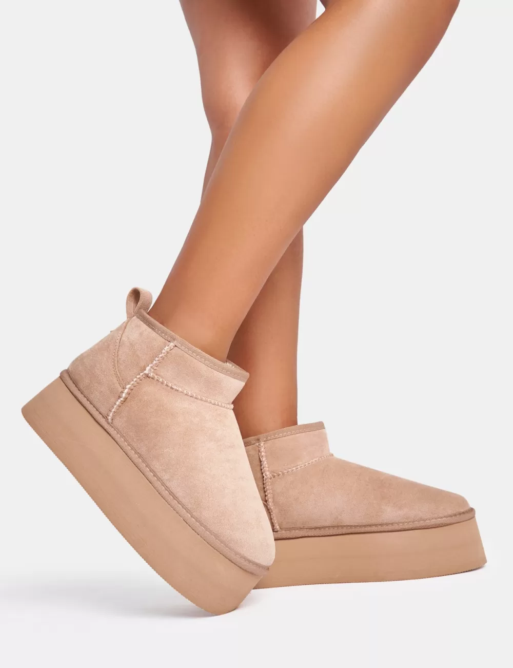 Sale Public Desire Willow Light Beige Faux Suede Ultra Mini Ankle Triple Platform Boots Neutral