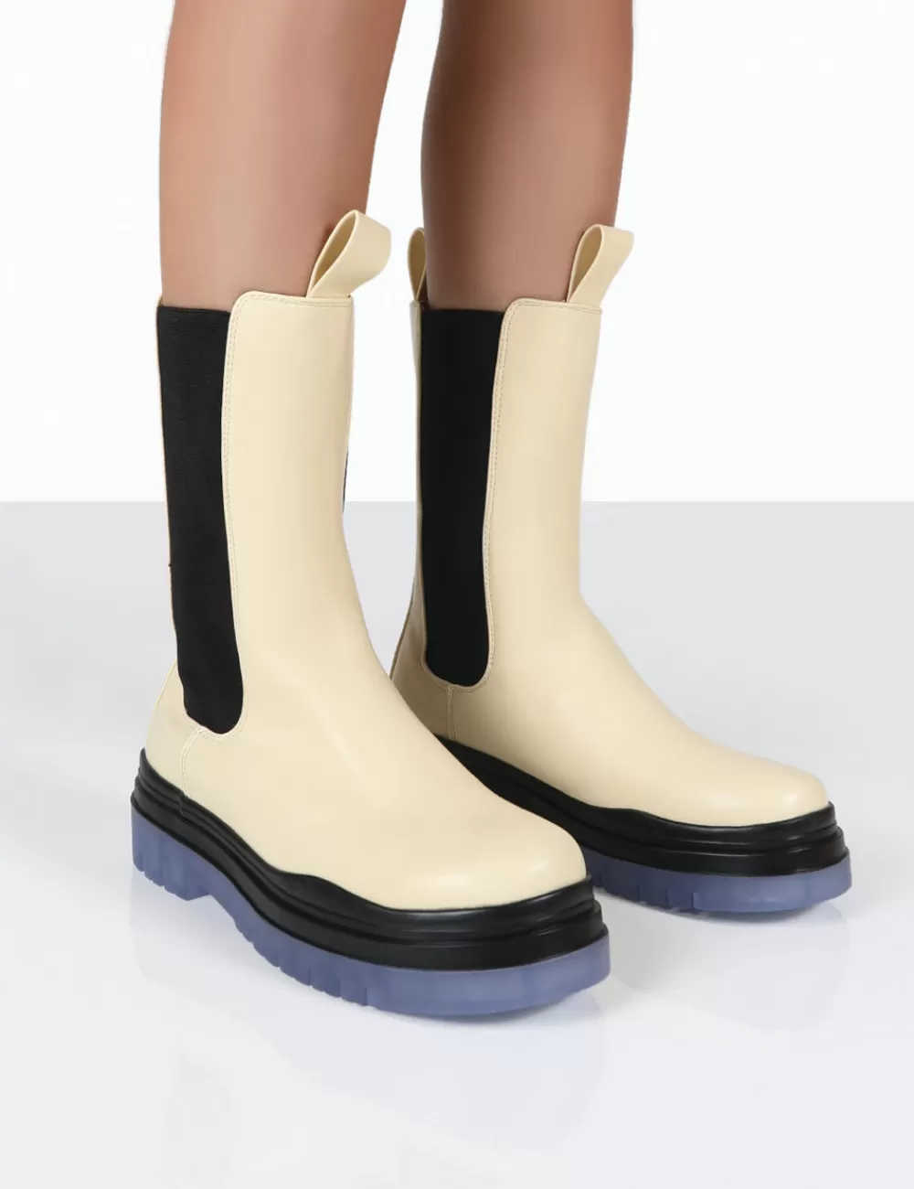 Online Public Desire Winter Cream Ankle Chunky Sole Chelsea Boots Ecru