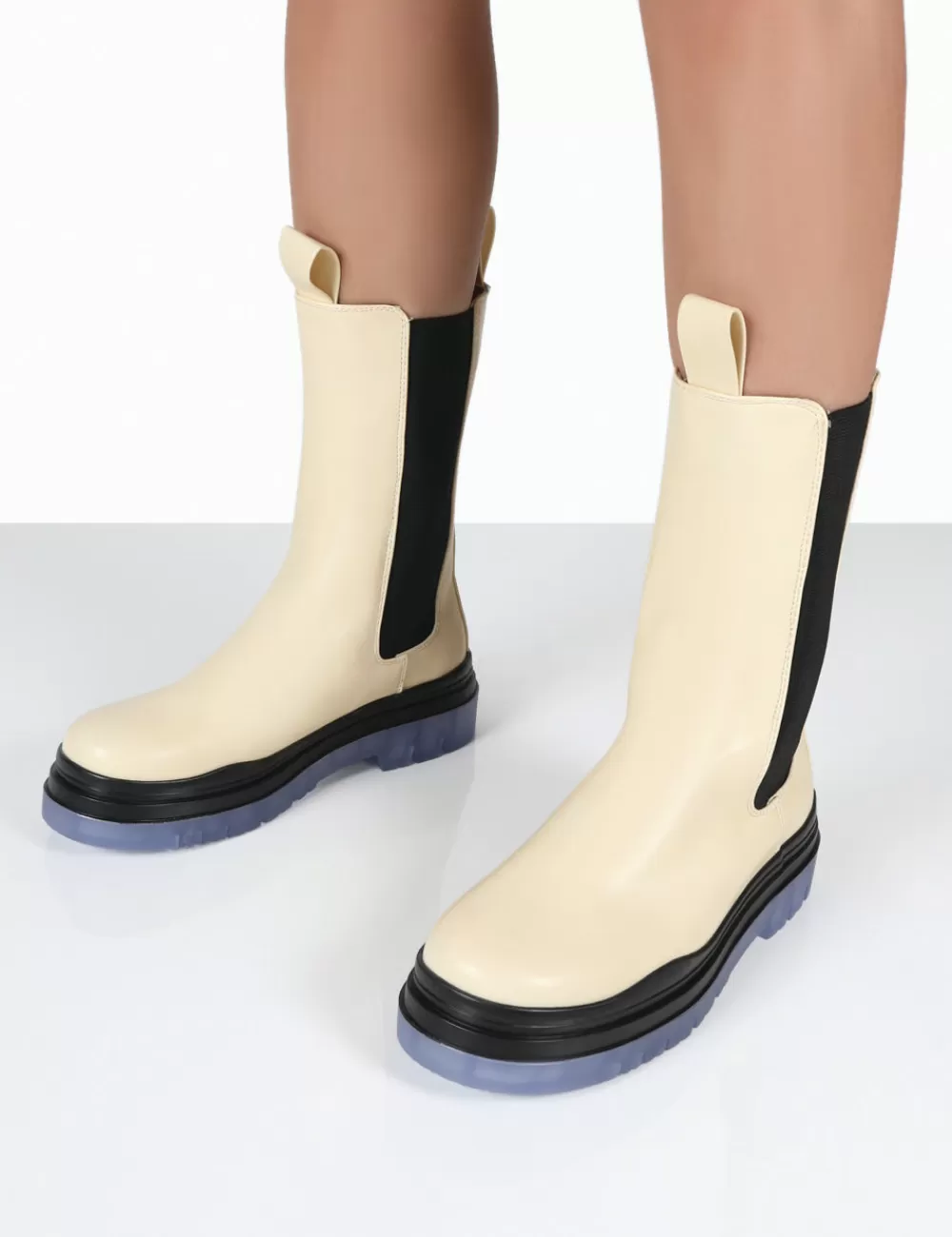 Online Public Desire Winter Cream Ankle Chunky Sole Chelsea Boots Ecru