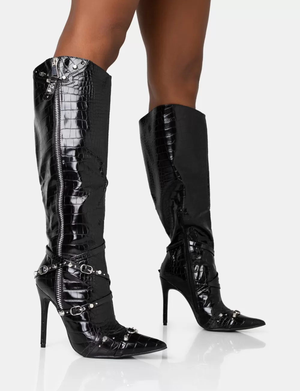 Online Public Desire Worthy Croc Studded Zip Detail Pointed Stiletto Knee High Boots Black