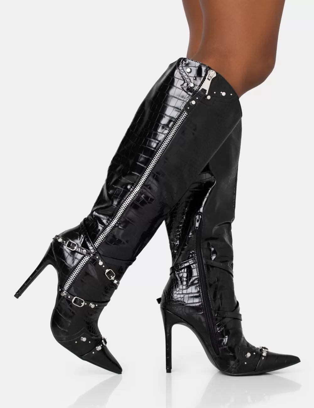 Online Public Desire Worthy Croc Studded Zip Detail Pointed Stiletto Knee High Boots Black