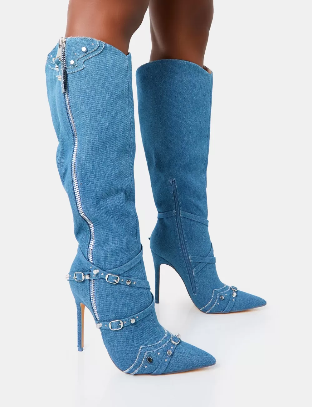 Discount Public Desire Worthy Denim Studded Zip Detail Pointed Stiletto Knee High Boots Blue