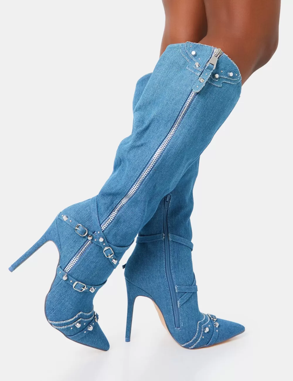 Discount Public Desire Worthy Denim Studded Zip Detail Pointed Stiletto Knee High Boots Blue