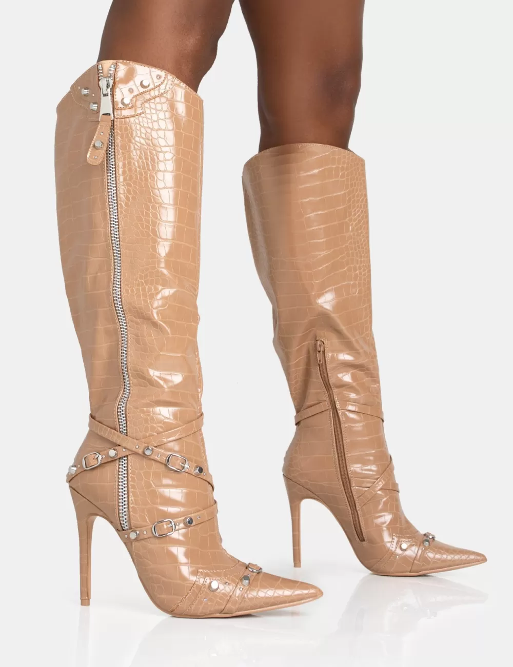 New Public Desire Worthy Camel Croc Studded Zip Detail Pointed Stiletto Knee High Boots Brown