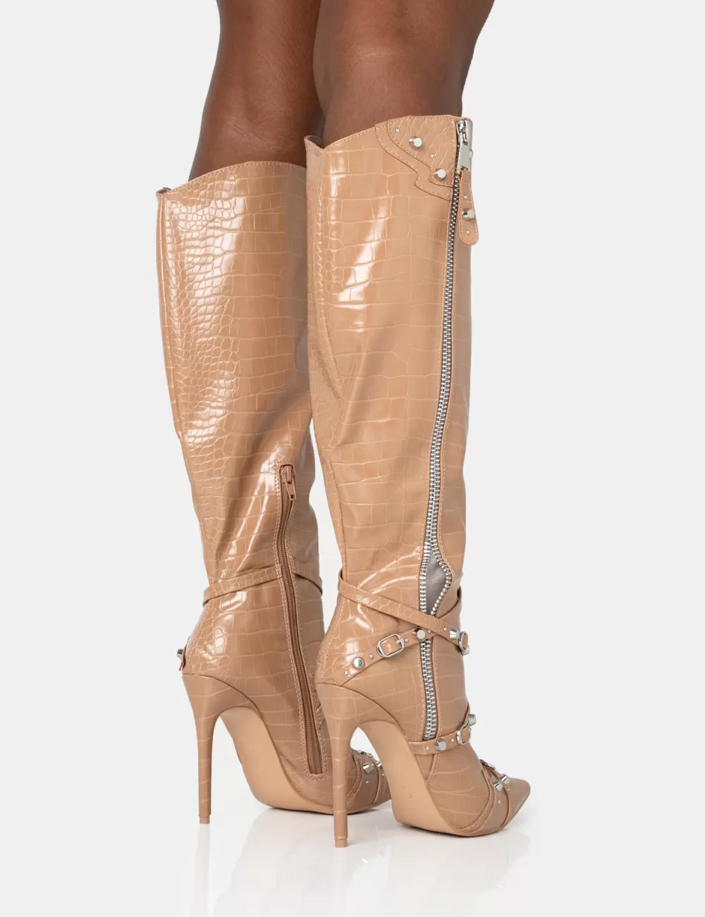 New Public Desire Worthy Camel Croc Studded Zip Detail Pointed Stiletto Knee High Boots Brown
