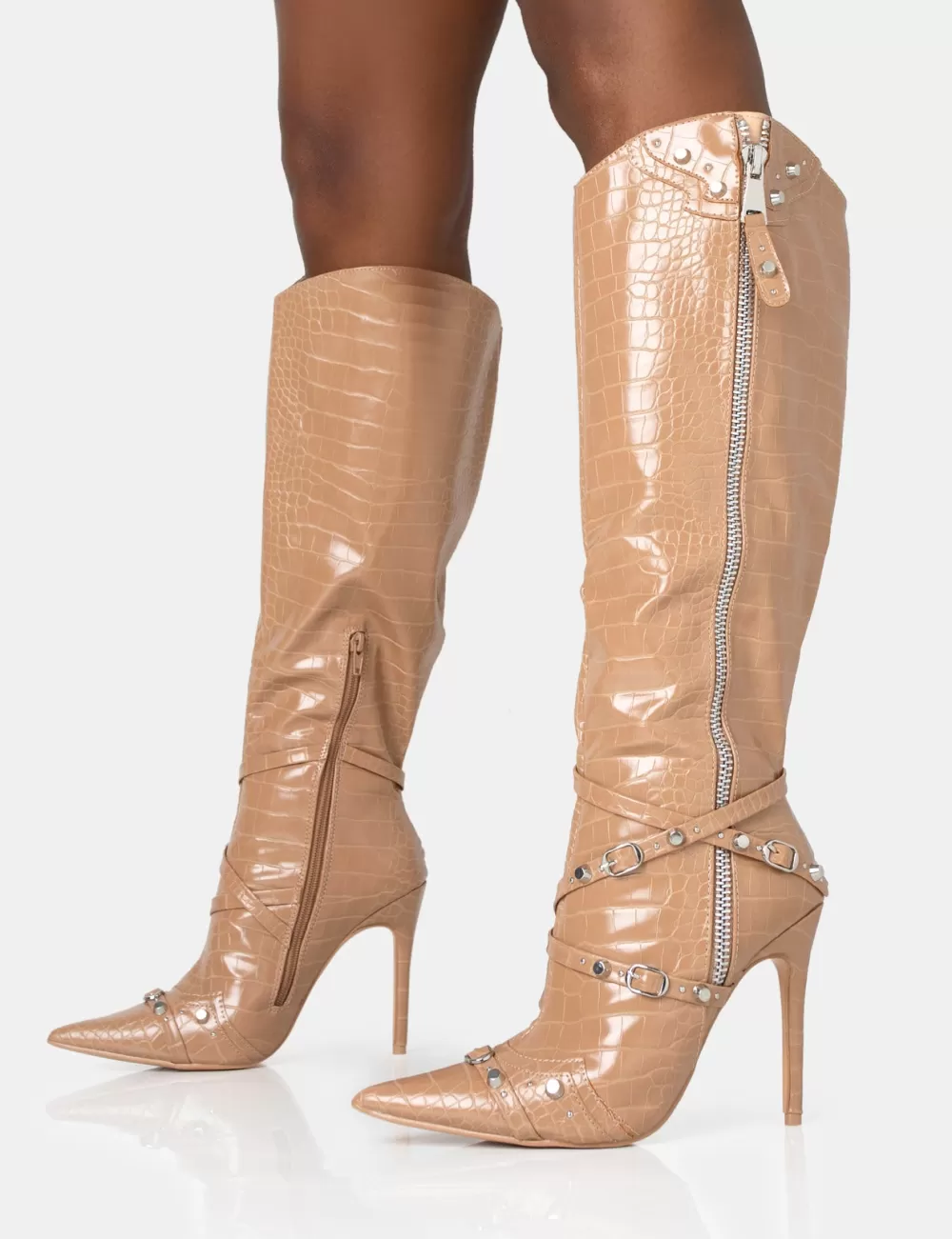 New Public Desire Worthy Camel Croc Studded Zip Detail Pointed Stiletto Knee High Boots Brown