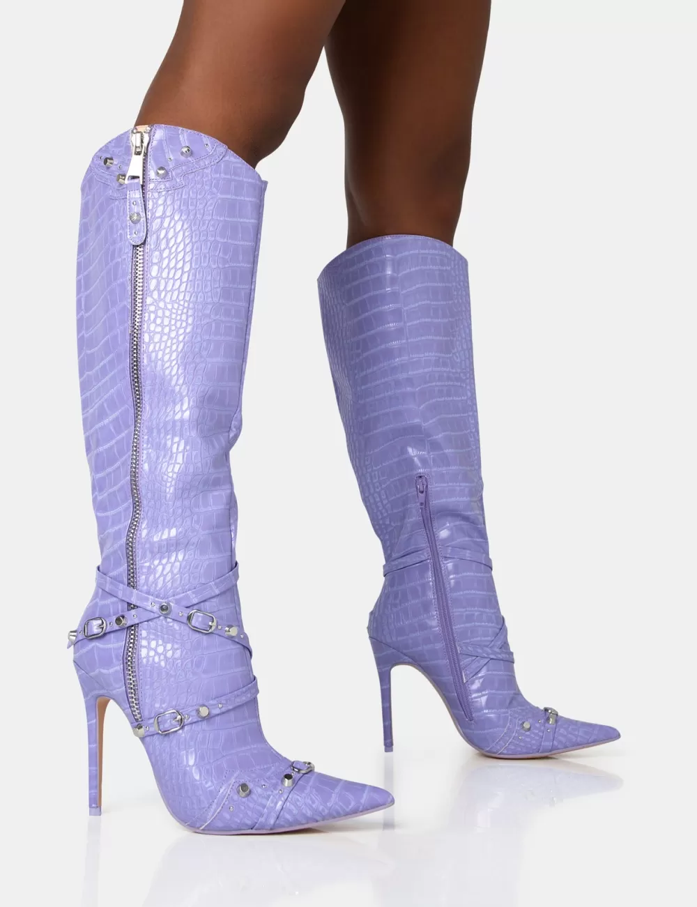 Fashion Public Desire Worthy Lilac Croc Studded Zip Detail Pointed Toe Stiletto Knee High Boots Purple