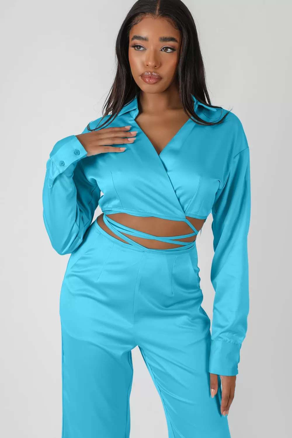 Discount Public Desire Wrap Cropped Shirt Blue