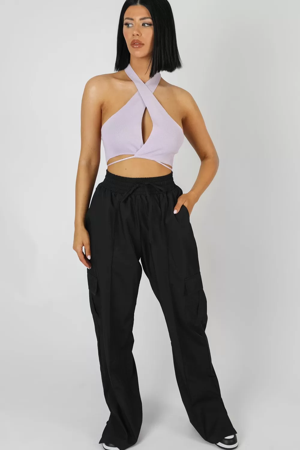 Fashion Public Desire Wrap Front Halter Crop Top Lilac Purple