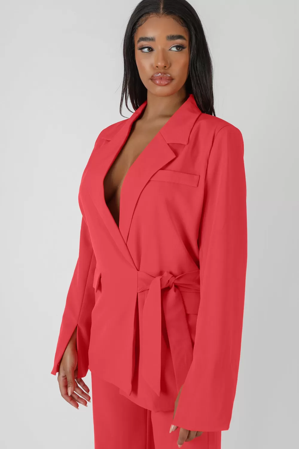 Fashion Public Desire Wrap Waist Blazer Coral Orange